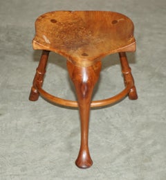 Stunning Burr Yew Wood Vintage Three Legged Stool Very Decorative Timber Grain