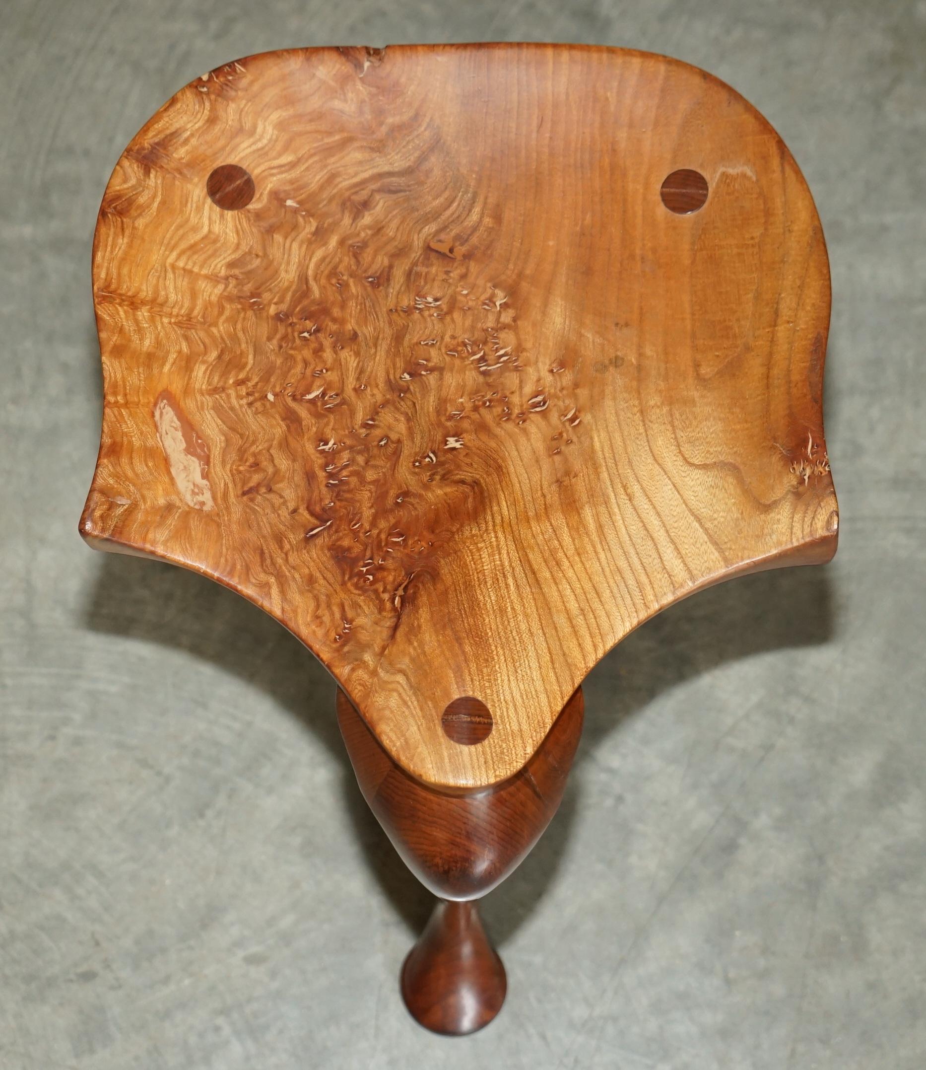 Country Stunning Burr Yew Wood Vintage Three Legged Stool Very Decorative Timber Grain For Sale