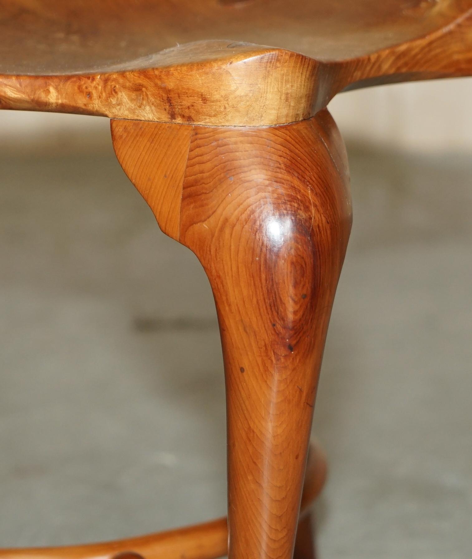 Stunning Burr Yew Wood Vintage Three Legged Stool Very Decorative Timber Grain For Sale 2