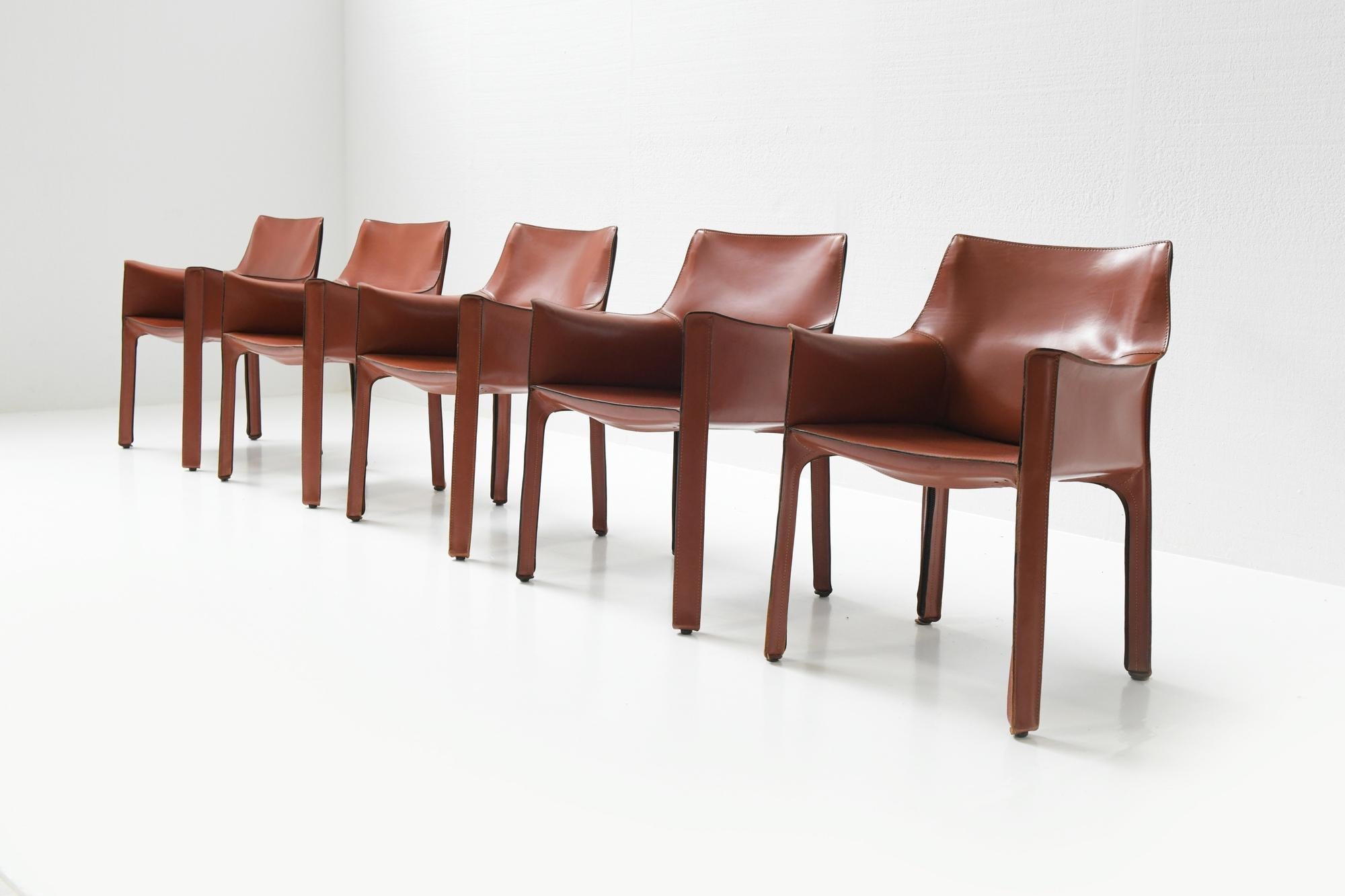 Mid-Century Modern Stunning Cab 413 Dining Chairs in Burgundy Leather by Mario Bellini for Cassina