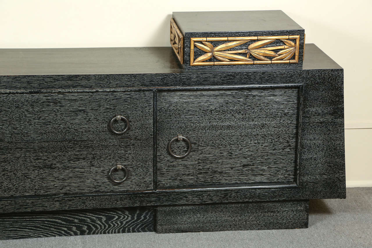 Mid-Century Modern Stunning Cabinet in Black Cerused Oak with Carved Bamboo Motif by James Mont For Sale