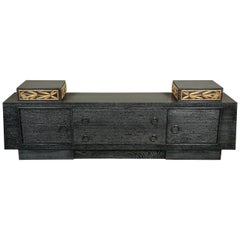 Blue / Black Cerused Oak Cabinet  with Carved Bamboo Motif by James Mont