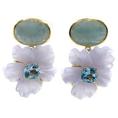 Stunning Cabochon Aquamarine and Carved Chalcedony Flower Drop Earrings