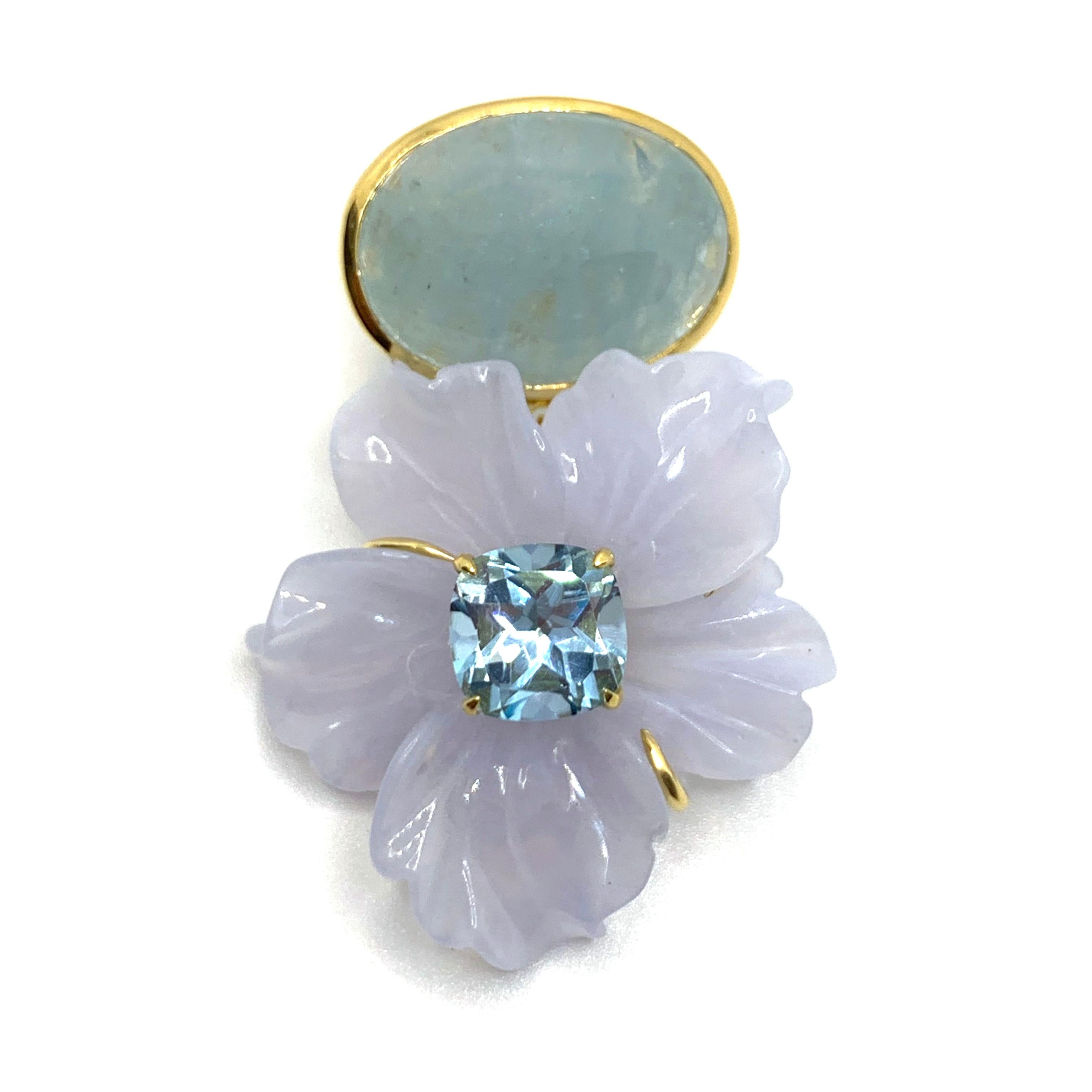Artisan Stunning Cabochon Aquamarine and Carved Chalcedony Flower Drop Earrings