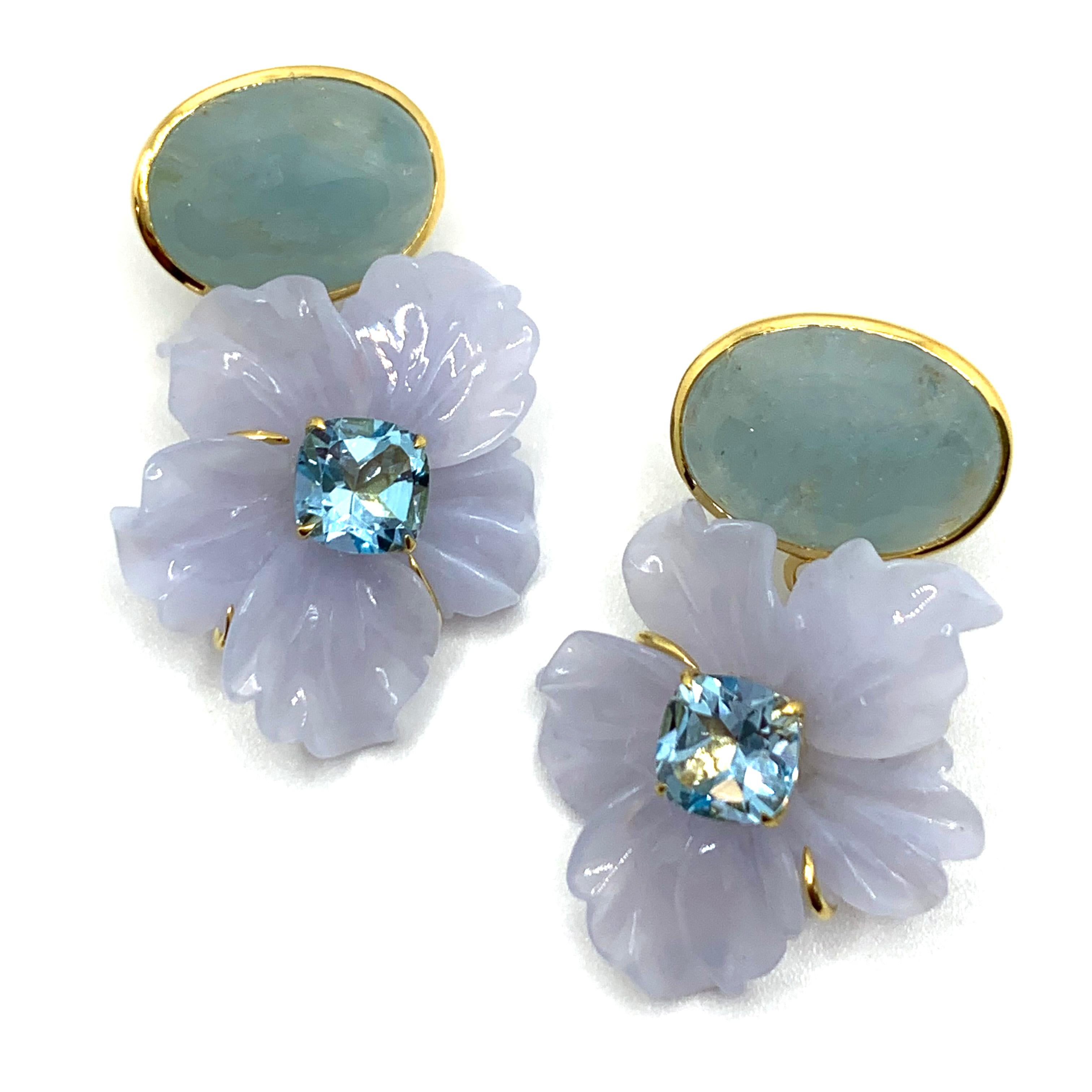 Stunning Cabochon Aquamarine and Carved Chalcedony Flower Drop Earrings In New Condition In Los Angeles, CA
