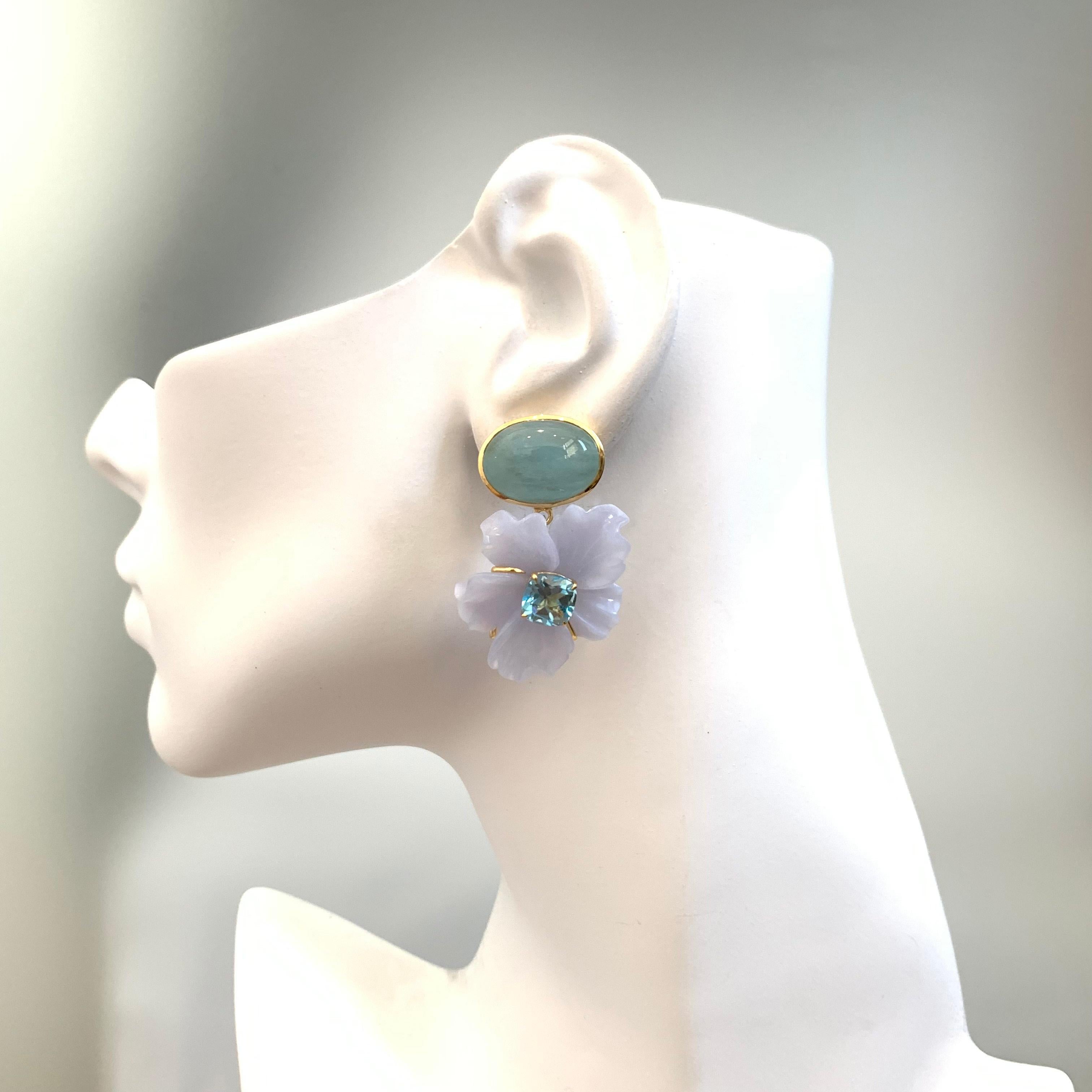 Women's Stunning Cabochon Aquamarine and Carved Chalcedony Flower Drop Earrings