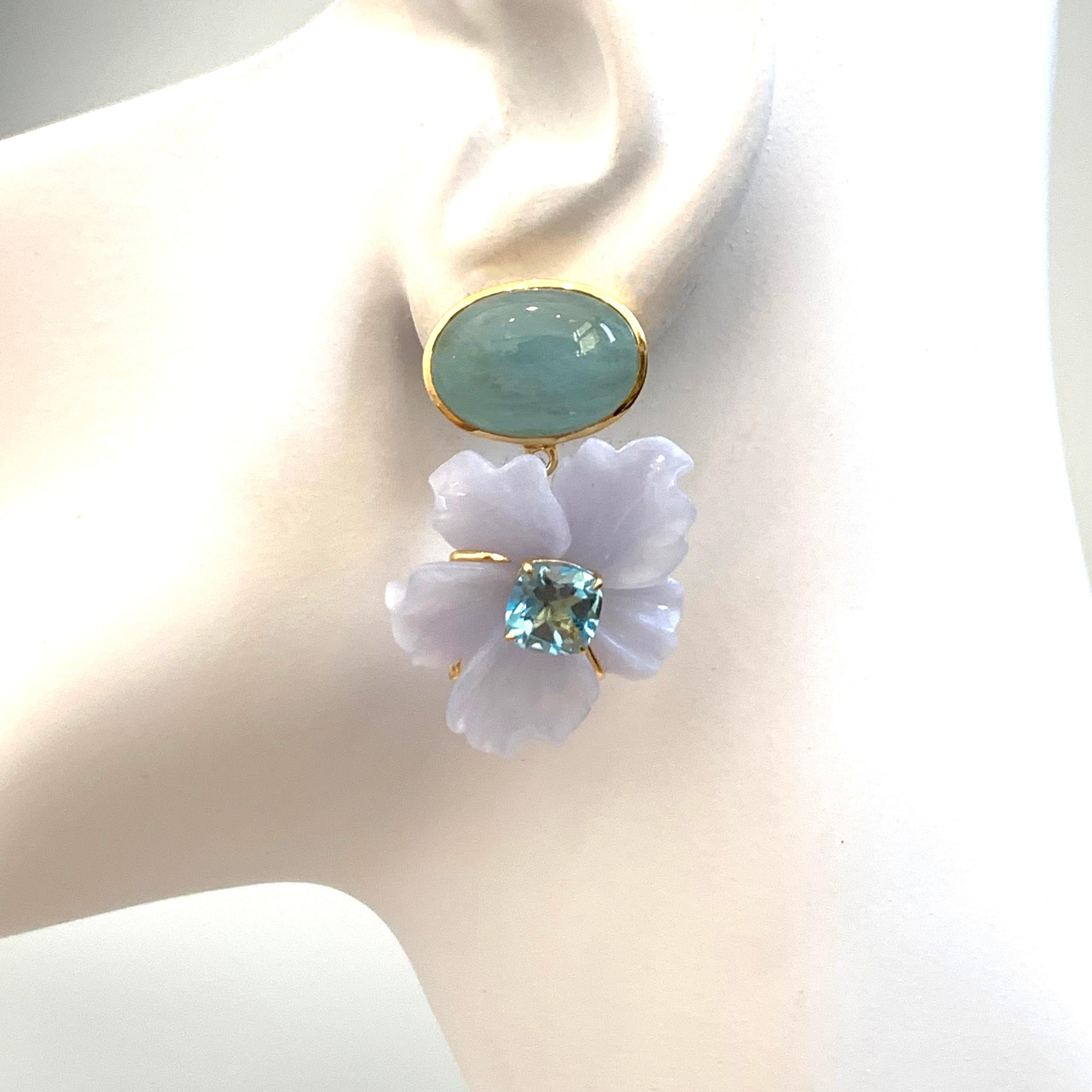 Stunning Cabochon Aquamarine and Carved Chalcedony Flower Drop Earrings 1