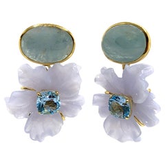 Stunning Cabochon Aquamarine and Carved Chalcedony Flower Drop Earrings