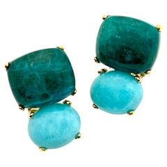 Stunning Cabochon-cut Cushion Chrysocolla and Oval Amazonite Earrings