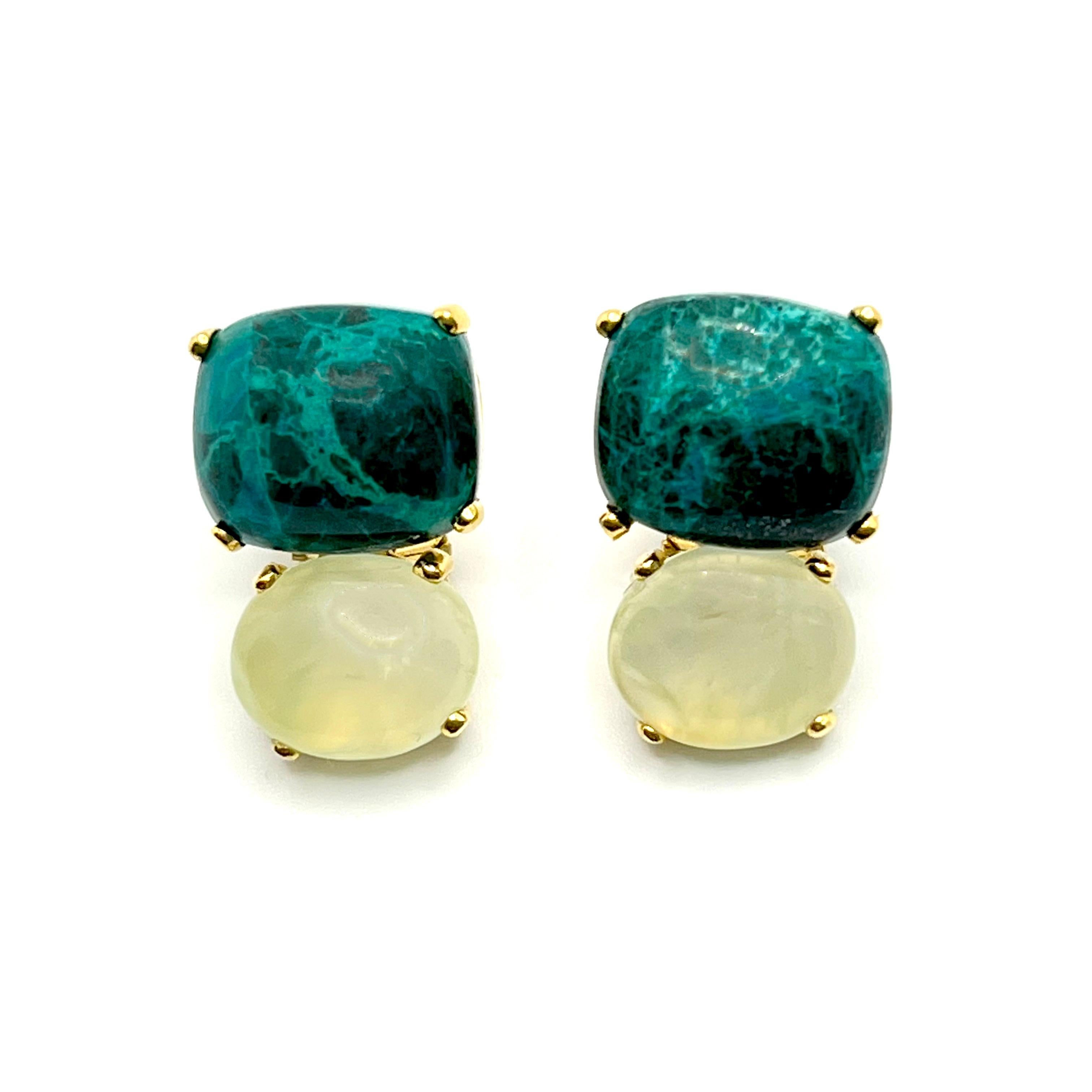 Bijoux Num's Cabochon-cut Cushion Chrysocolla and Oval Prehnite Earrings

These stunning pair of earrings features a pair of beautiful cushion-cut green chrysocolla with lustrous oval pastel green prehnite, handset in 18k yellow gold vermeil over