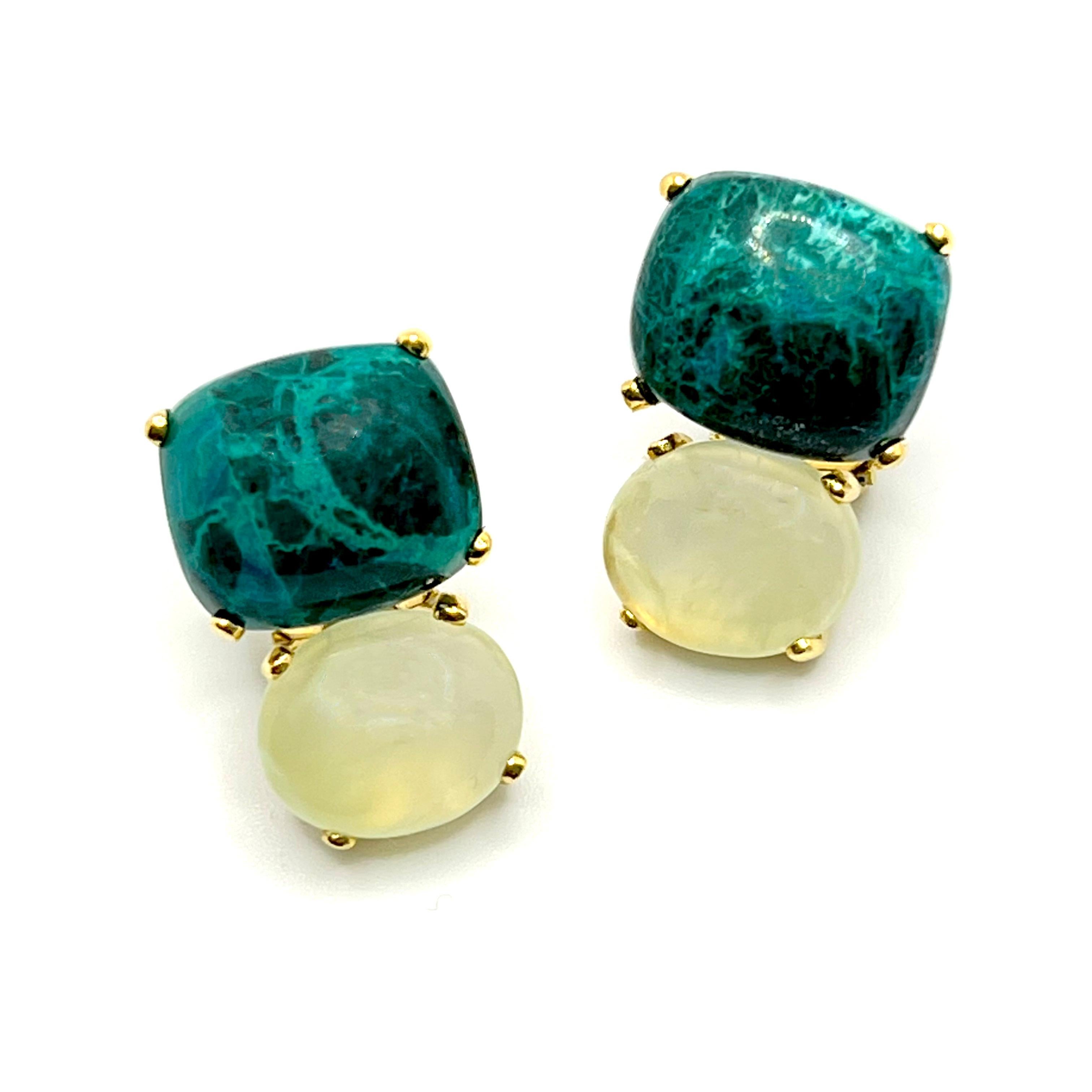 Contemporary Stunning Cabochon-cut Cushion Chrysocolla and Oval Prehnite Earrings For Sale