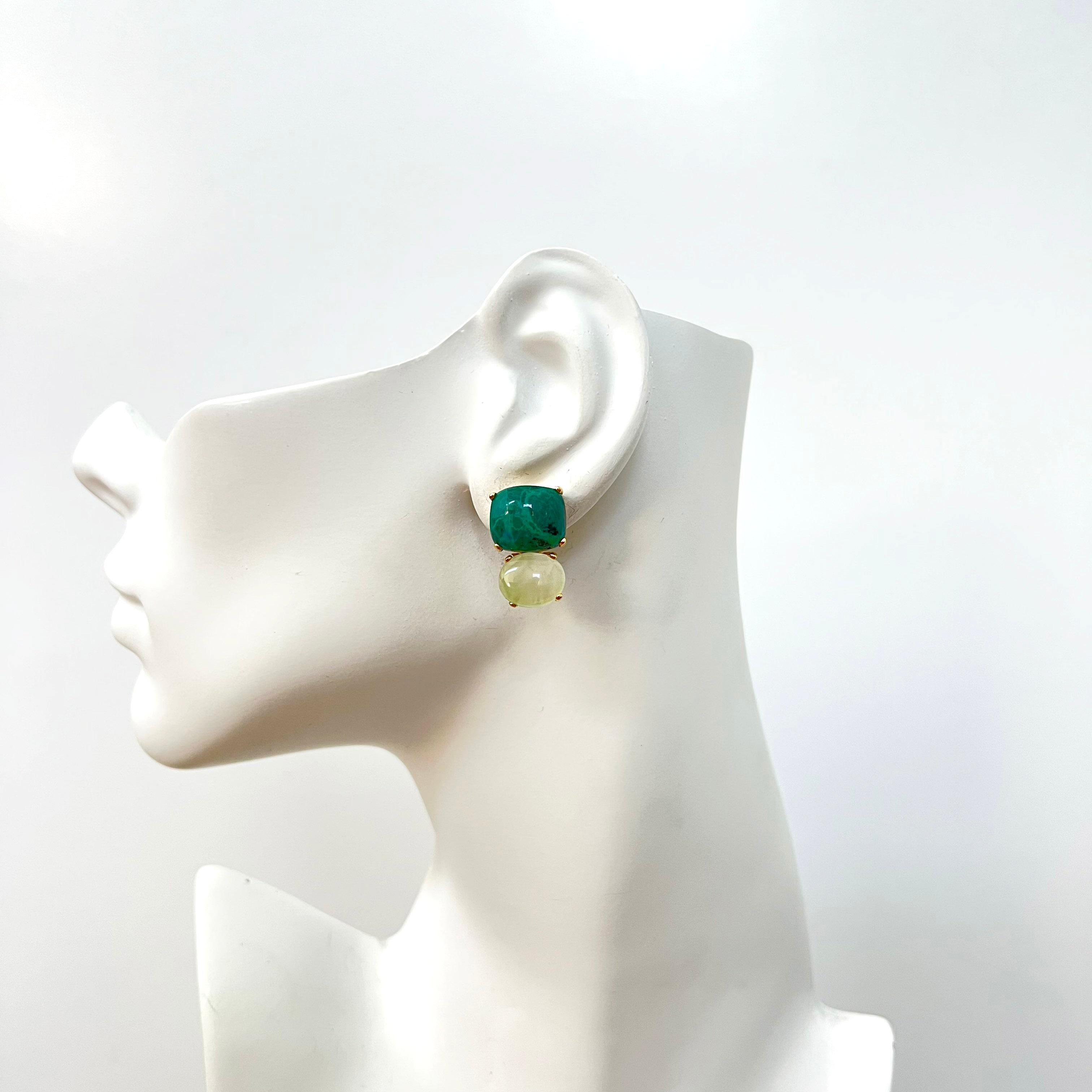 Stunning Cabochon-cut Cushion Chrysocolla and Oval Prehnite Earrings For Sale 1