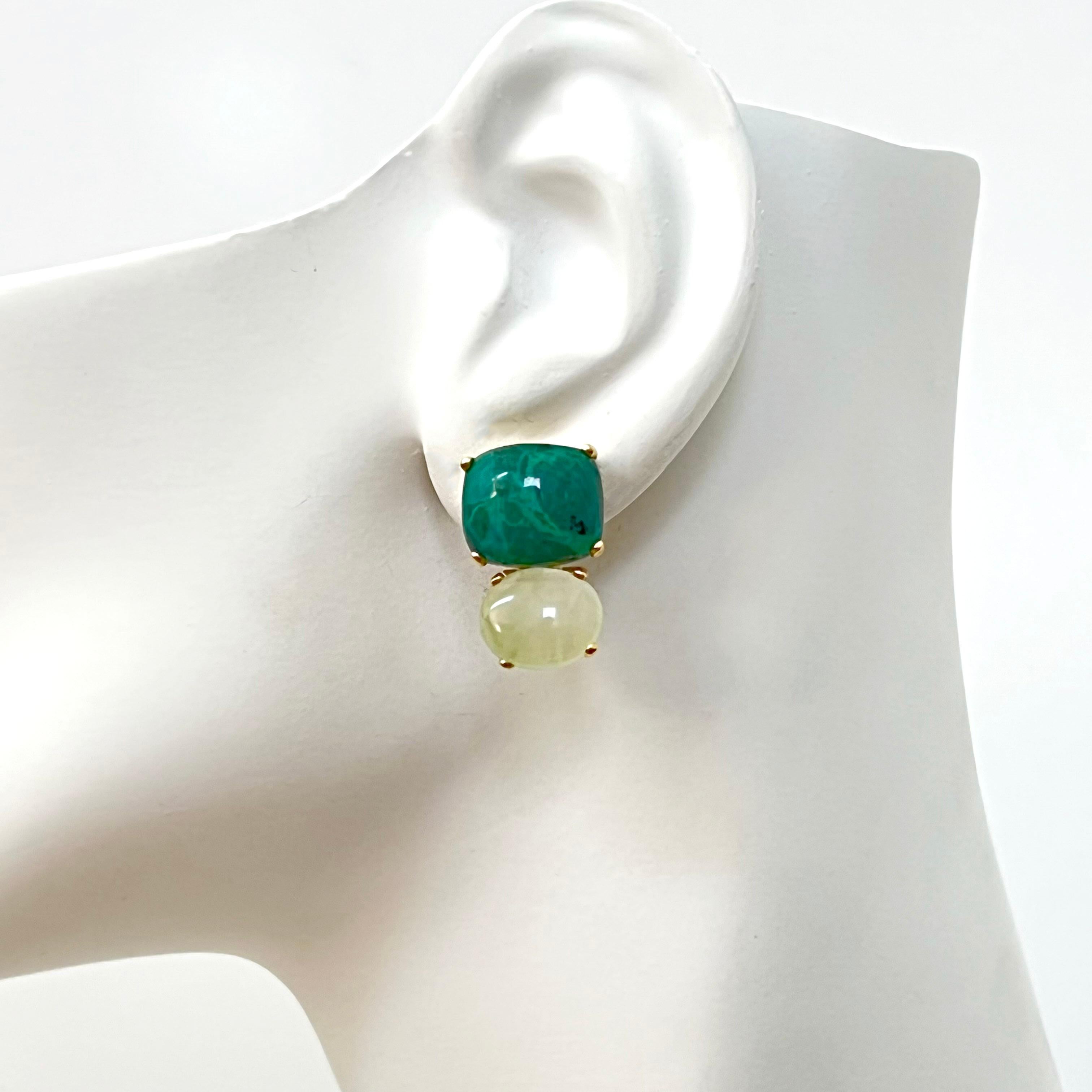 Stunning Cabochon-cut Cushion Chrysocolla and Oval Prehnite Earrings For Sale 2