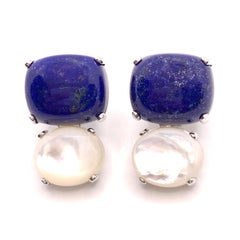 Stunning Cabochon-cut Cushion Lapis Lazuli and Oval Mother of Pearl Earrings