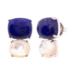 Stunning Cabochon-cut Cushion Lapis Lazuli and Oval Mother of Pearl Earrings