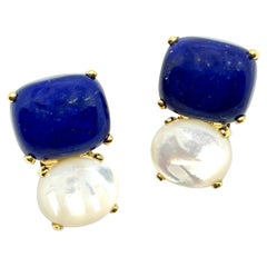 Stunning Cabochon-cut Cushion Lapis Lazuli and Oval Mother of Pearl Earrings
