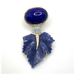 Stunning Cabochon Lapis Lazuli and Carved Blue Dumortierite Leaf Drop Earrings