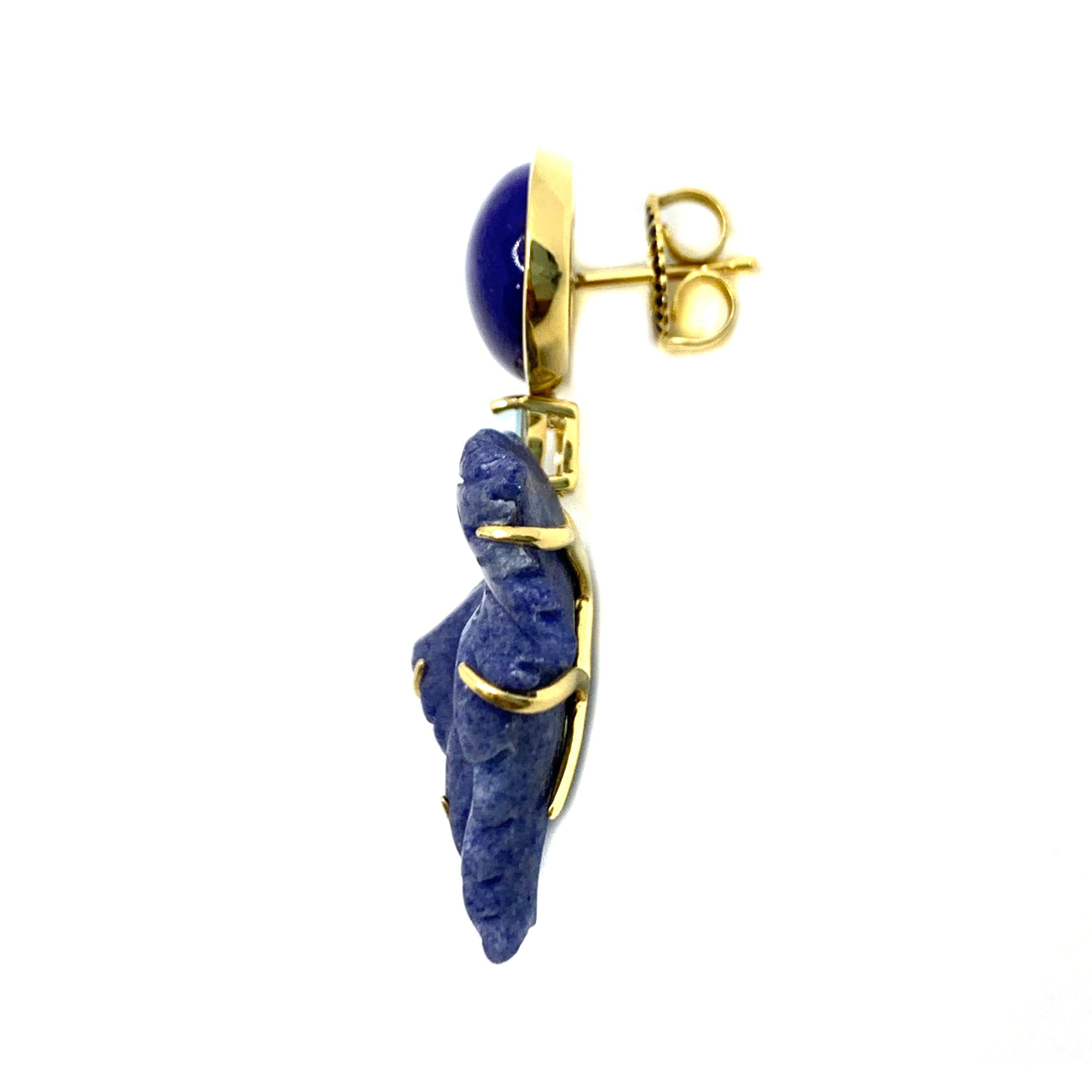 Artisan Stunning Cabochon Lapis Lazuli and Carved Blue Dumortierite Leaf Drop Earrings