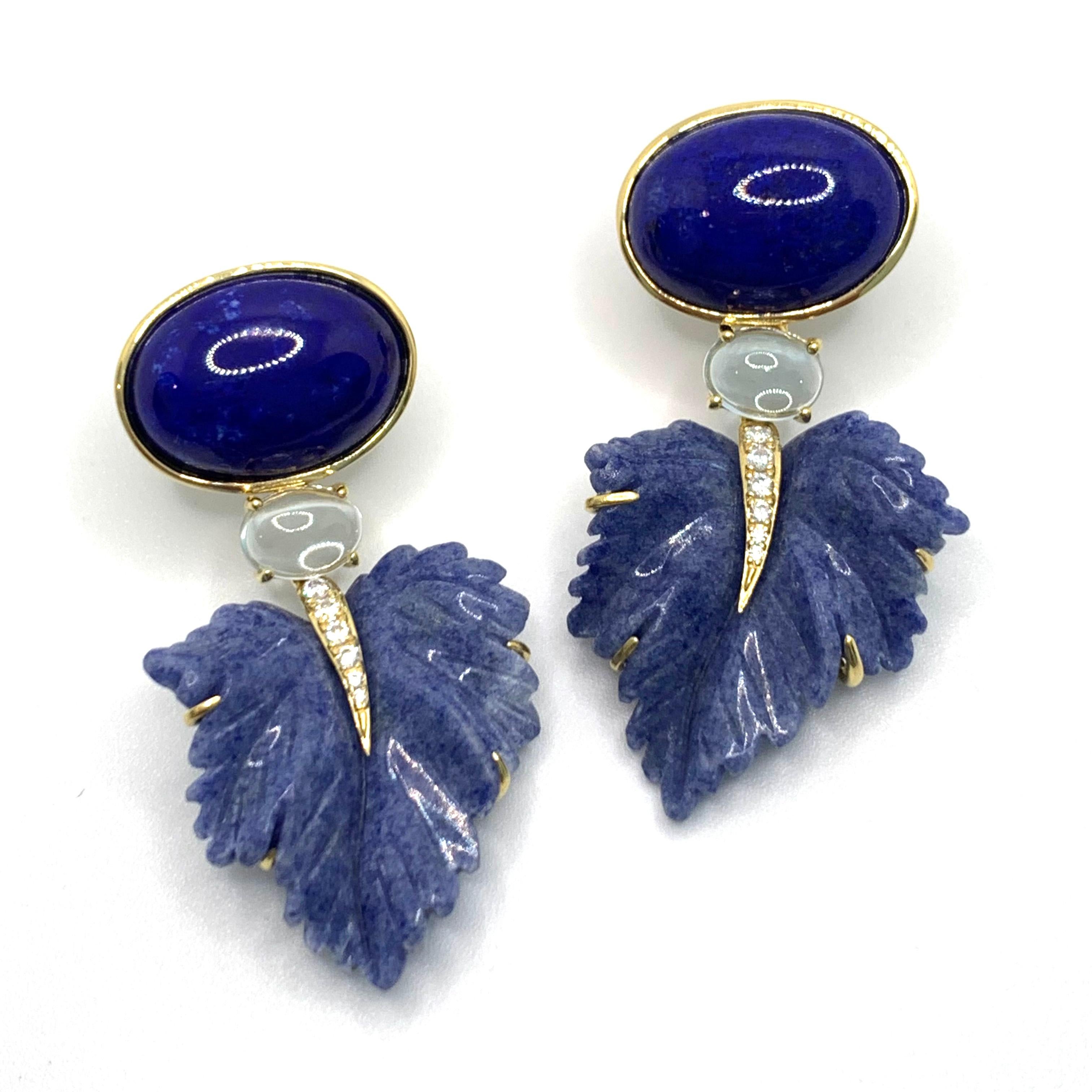 Artisan Stunning Cabochon Lapis, Carved Blue Dumortierite Leaf Earrings For Sale