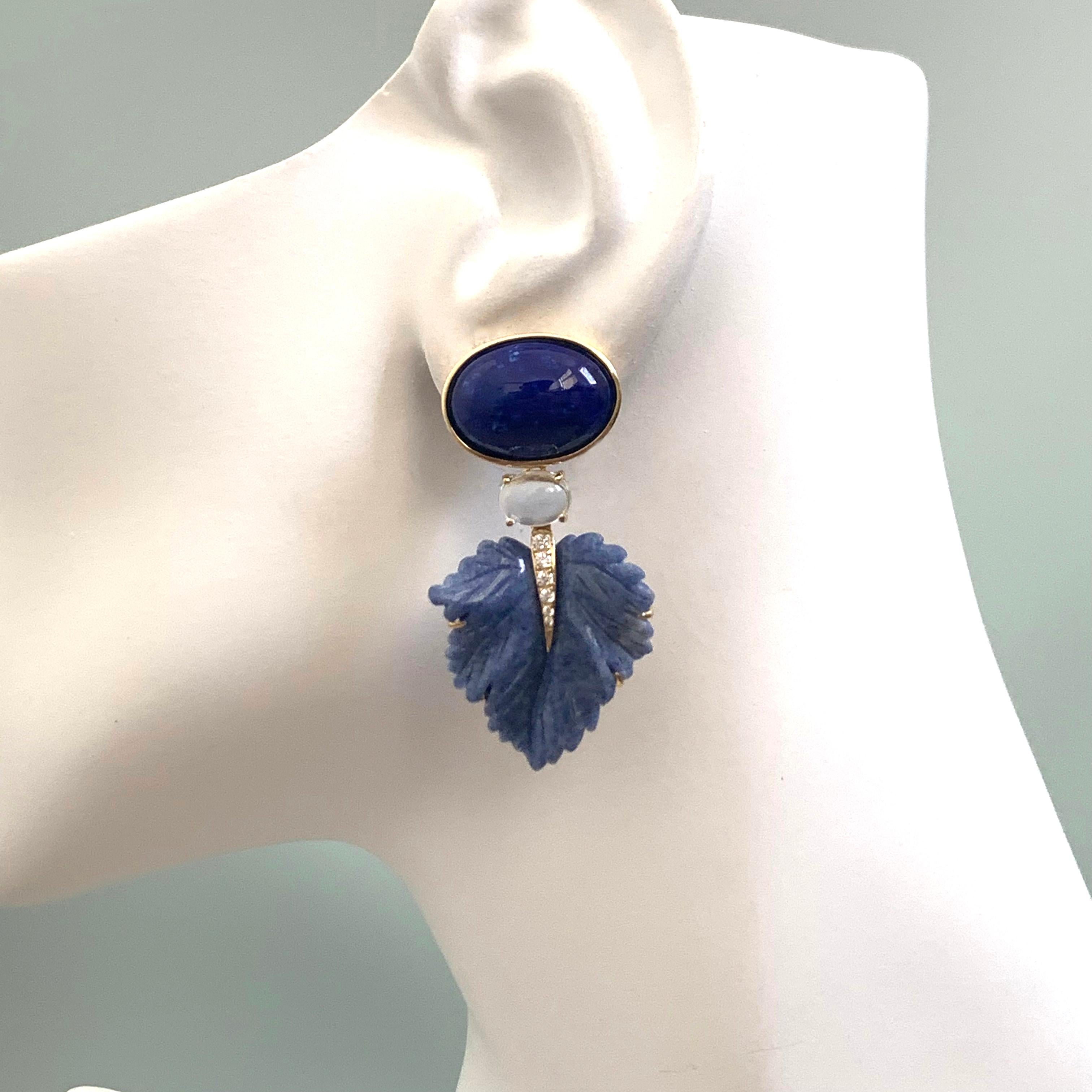 Women's Stunning Cabochon Lapis Lazuli and Carved Blue Dumortierite Leaf Drop Earrings