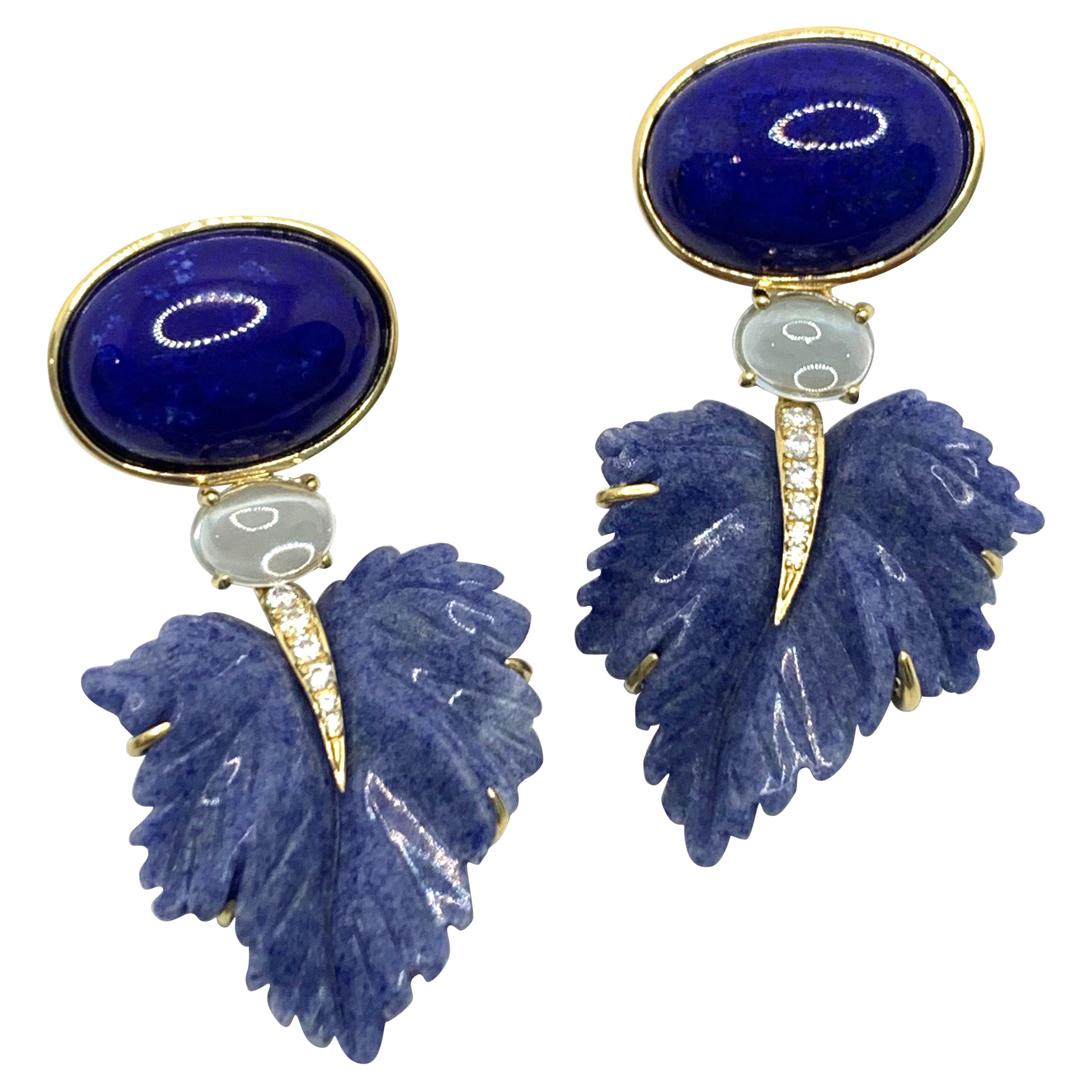 Stunning Cabochon Lapis, Carved Blue Dumortierite Leaf Earrings For Sale