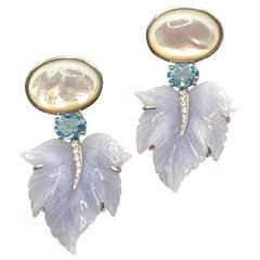 Stunning Cabochon Mother of Pearl and Carved Chalcedony leaf Drop Earrings