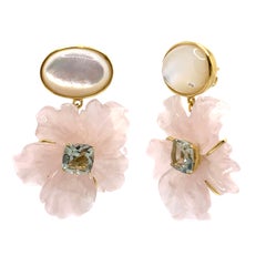 Stunning Cabochon Mother of Pearl and Carved Rose Quartz Flower Drop Earrings