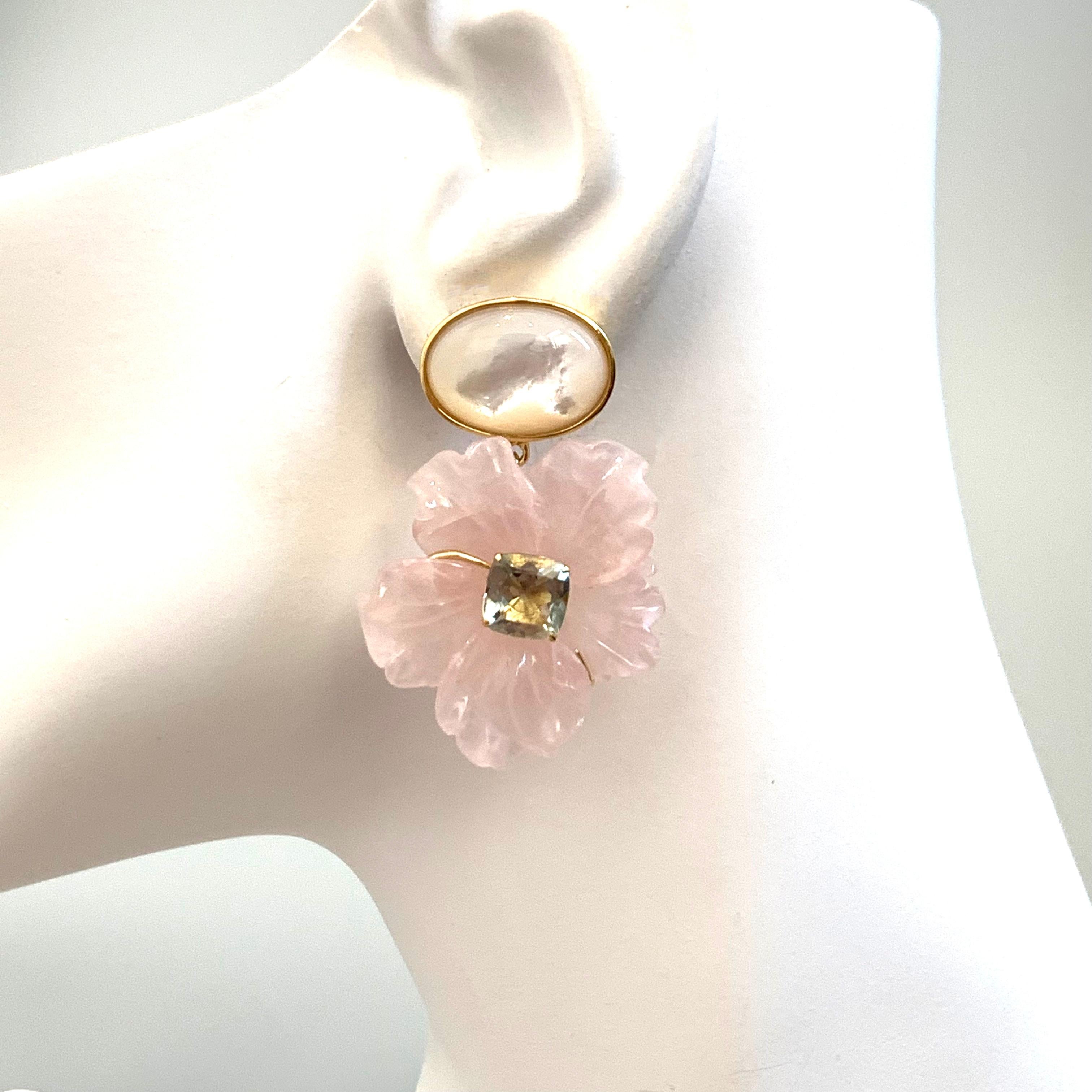 Mixed Cut Stunning Cabochon Mother of Pearl and Carved Rose Quartz Flower Drop Earrings