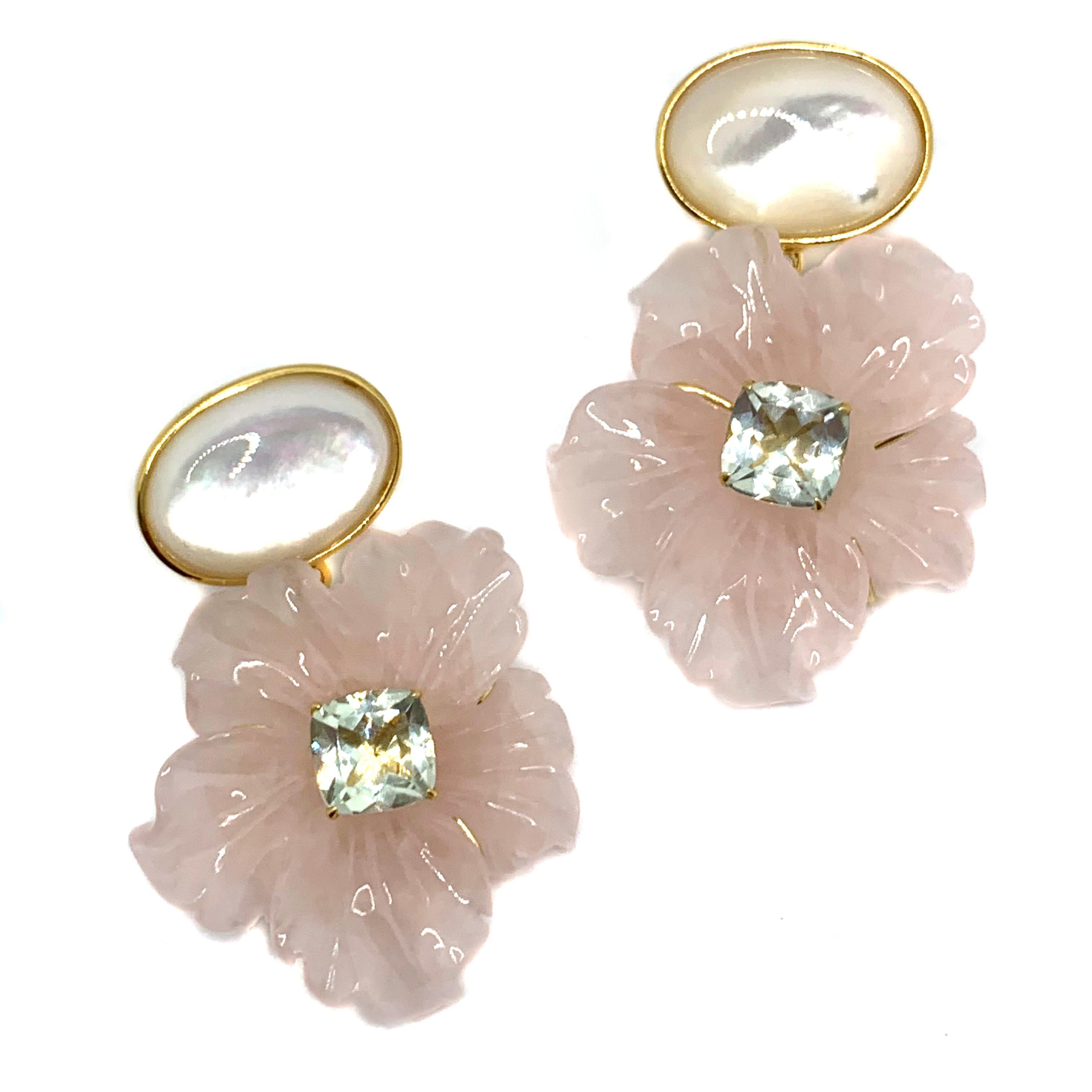 Artisan Stunning Cabochon Mother of Pearl and Carved Rose Quartz Flower Drop Earrings For Sale
