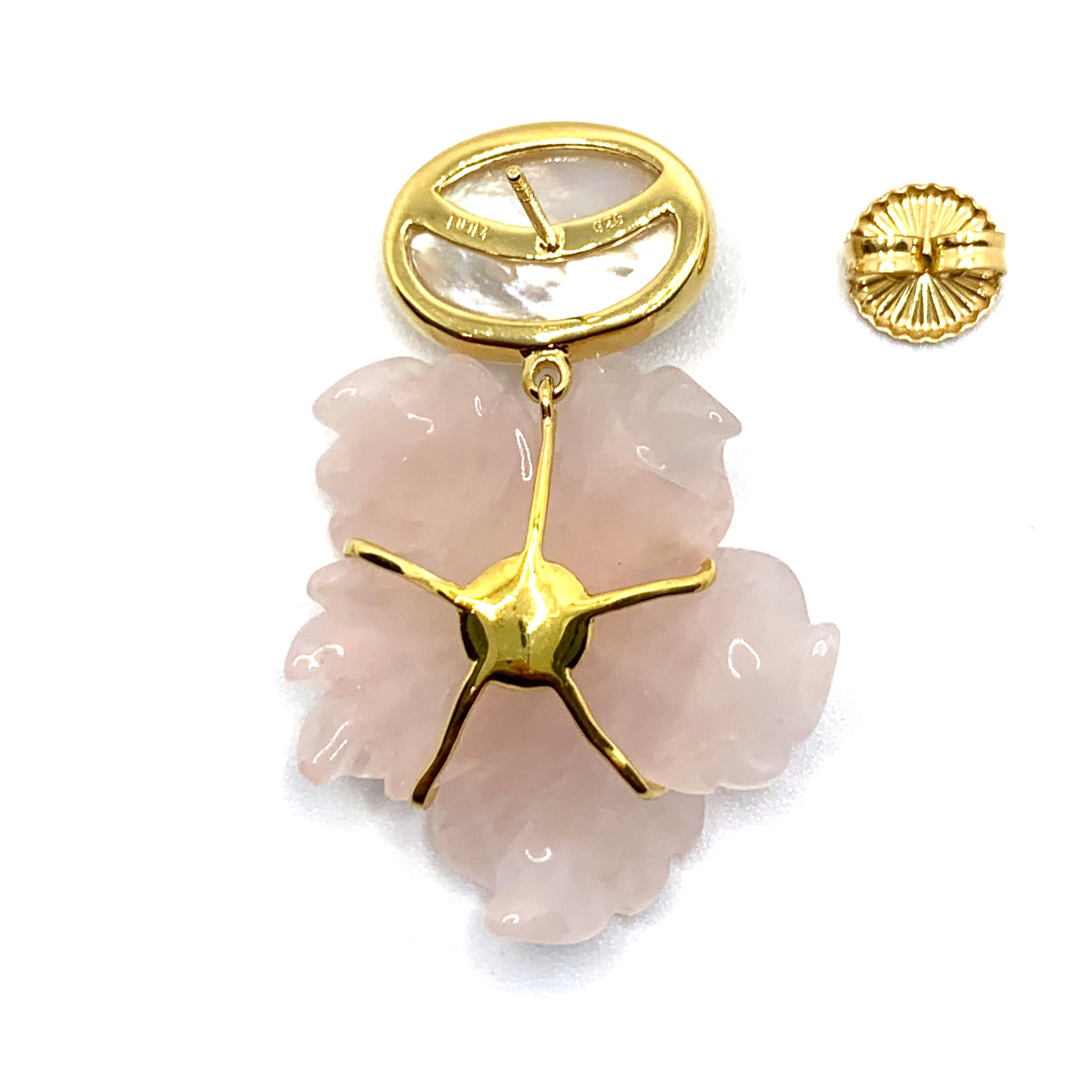 Stunning Cabochon Mother of Pearl and Carved Rose Quartz Flower Drop Earrings In New Condition For Sale In Los Angeles, CA