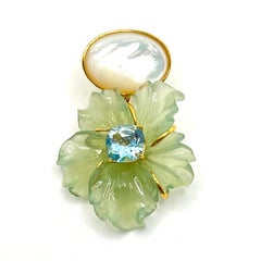 Stunning Cabochon Mother of Pearl and Carved Serpentine Flower Drop Earrings