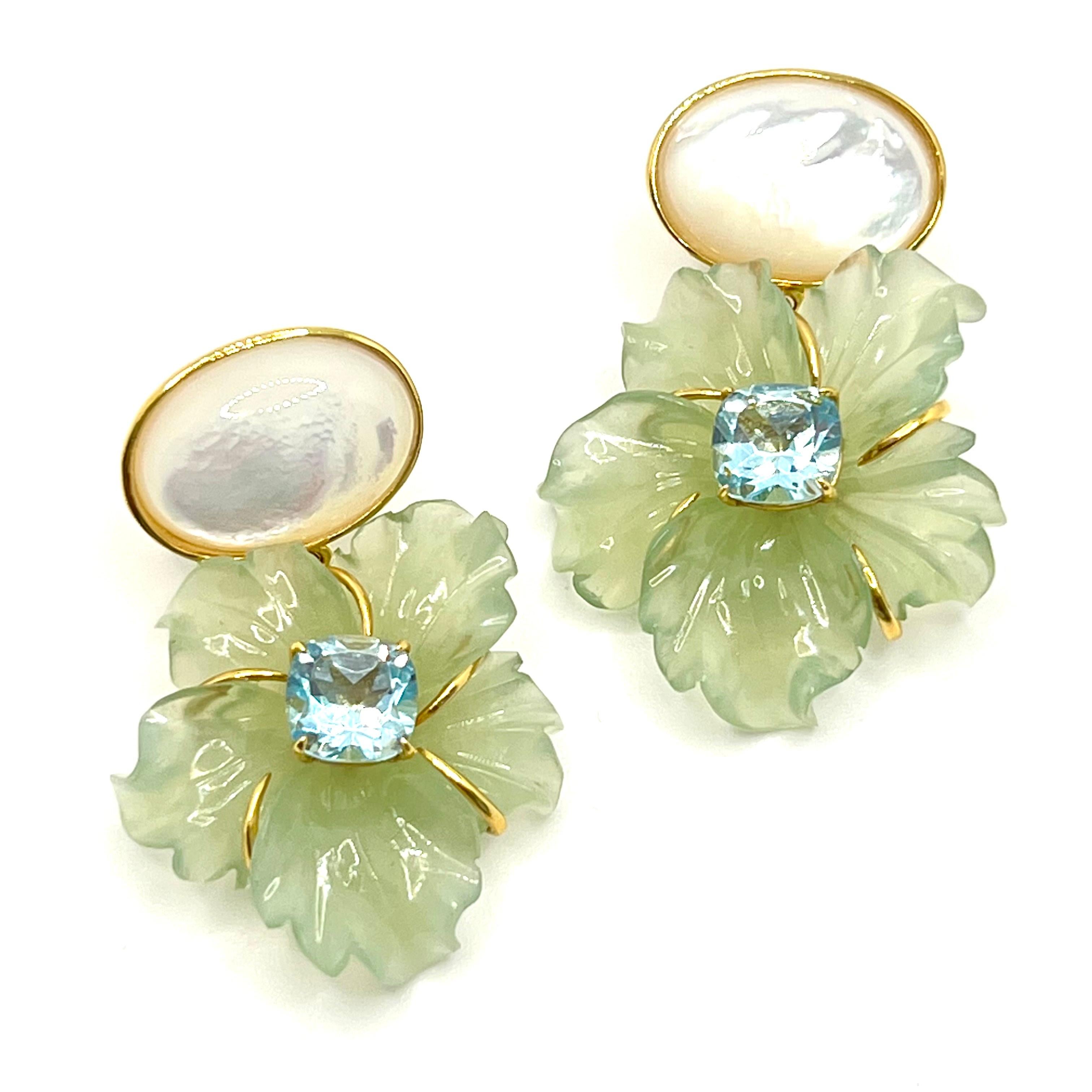 Artisan Stunning Cabochon Mother of Pearl and Carved Serpentine Flower Drop Earrings For Sale
