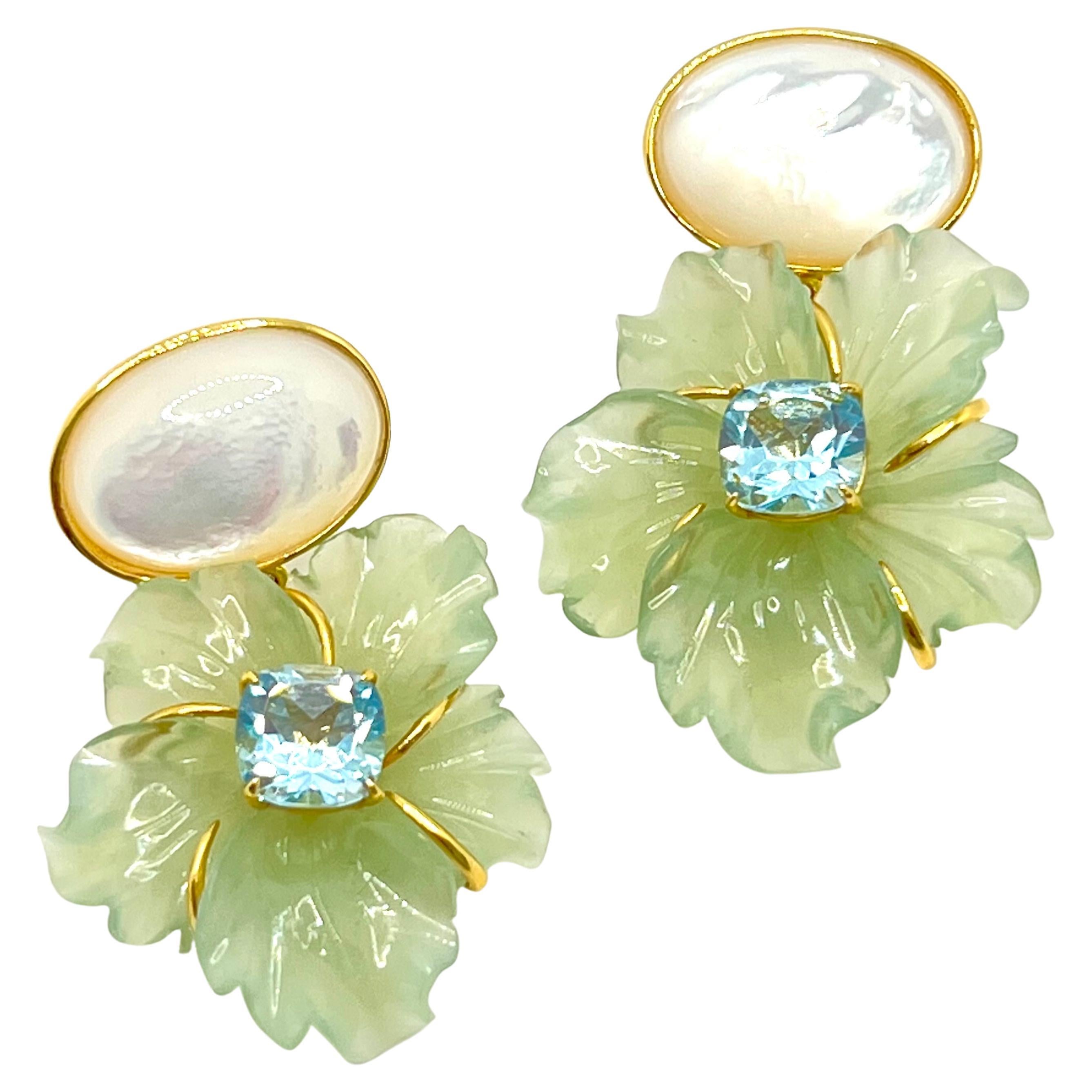 Stunning Cabochon Mother of Pearl and Carved Serpentine Flower Drop Earrings For Sale