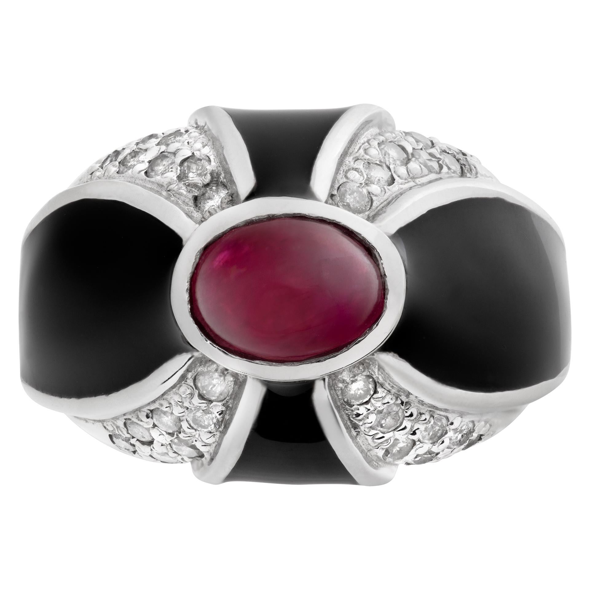 ESTIMATED RETAIL $4,250.00 - YOUR PRICE $2,630.00 - Stunning cabochon ruby and diamond ring in 14k white gold with black enamel. Approximately 0.50 carats in H color, SI diamonds. Size 5 1/2 This ring is currently size 5.5 and some items can be