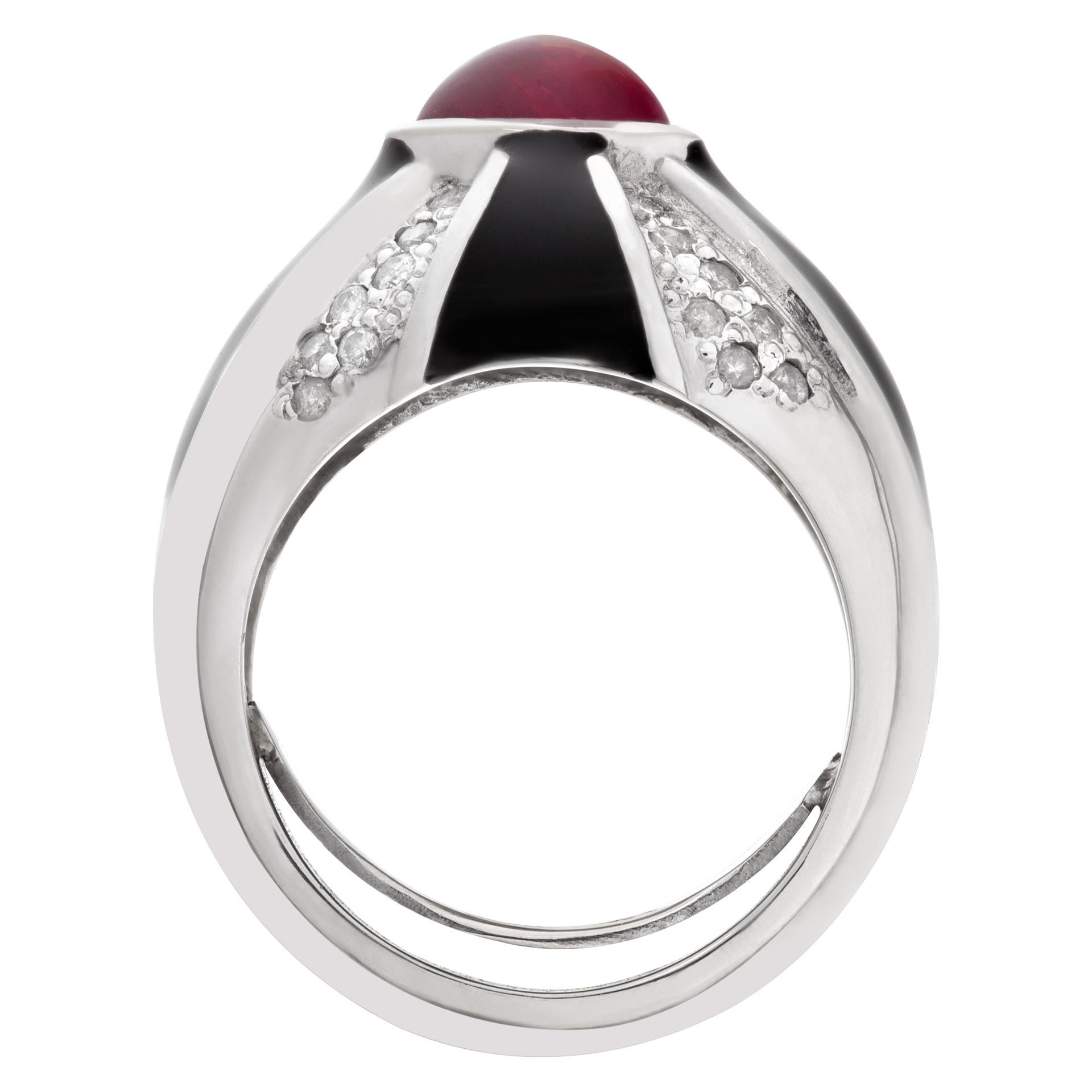 Women's Stunning Cabochon Ruby and Diamond Ring in 14k White Gold with Black Enamel For Sale
