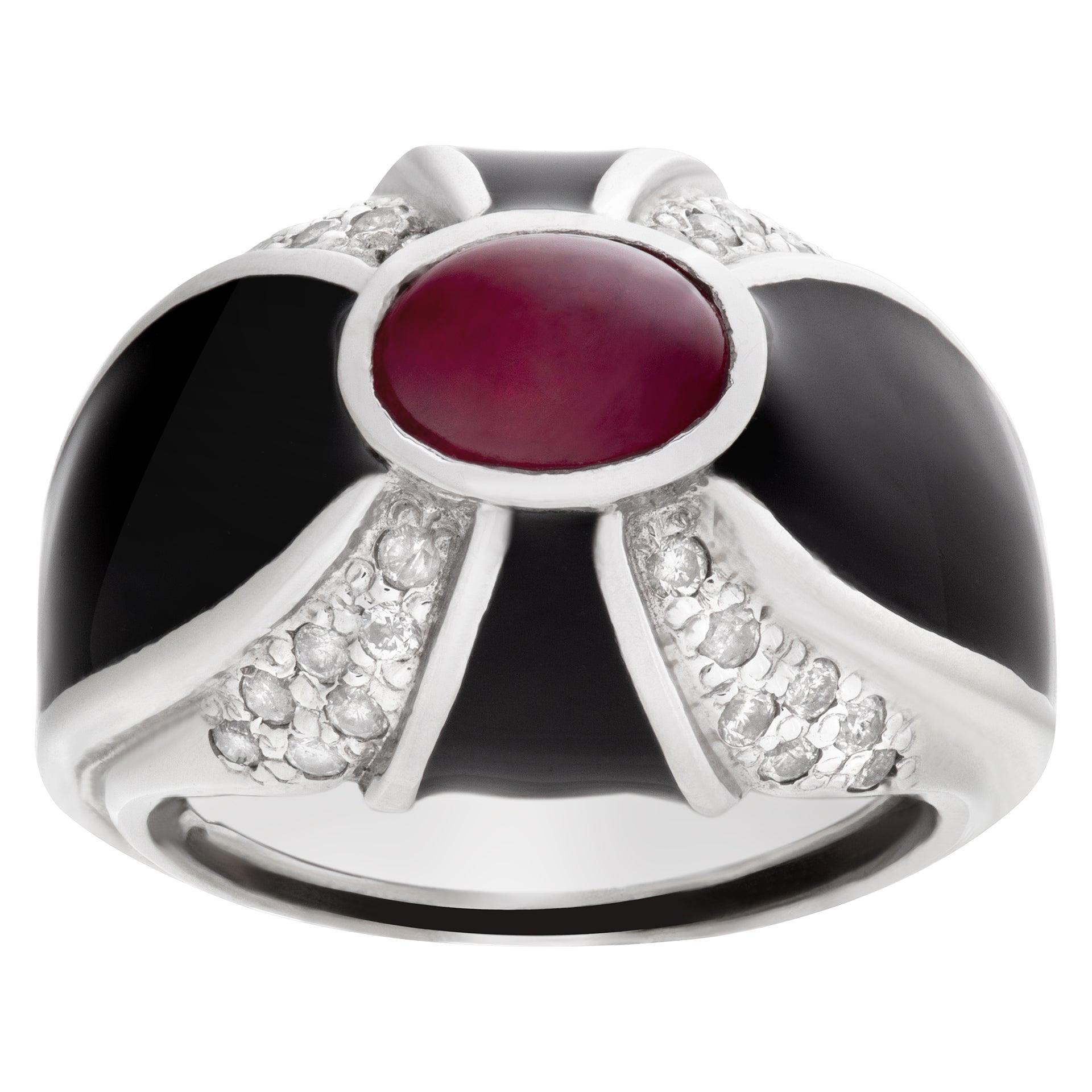 Stunning Cabochon Ruby and Diamond Ring in 14k White Gold with Black Enamel For Sale