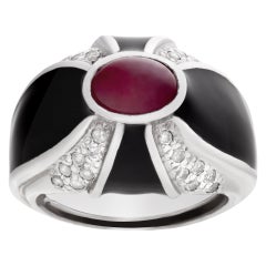 Vintage Stunning Cabochon Ruby and Diamond Ring in 14k White Gold with Black Enamel