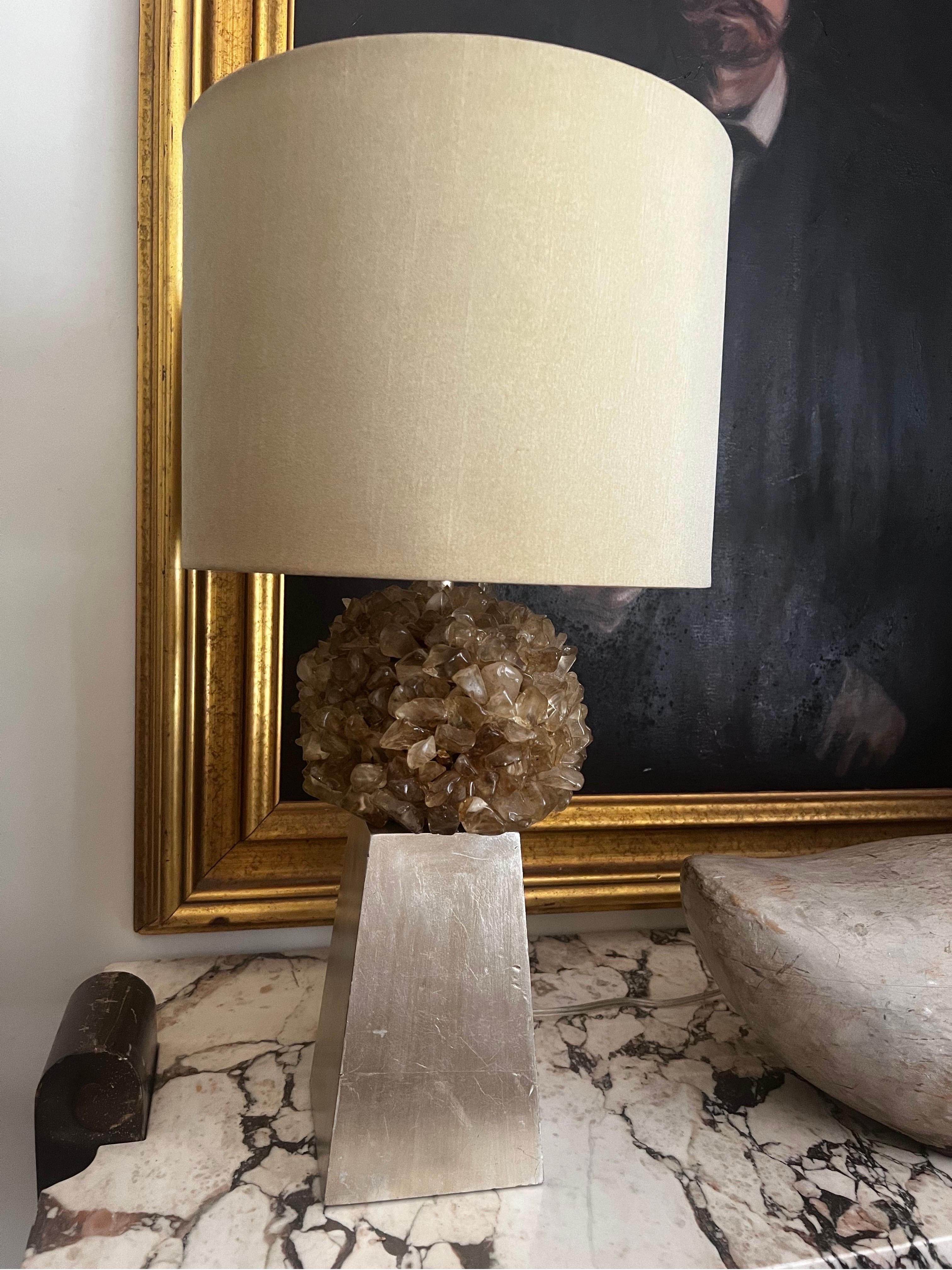 Rare Cyrstal Quartz Rock Lamp after Carole Stuppel.
 
Raised on a gilded silver cylinder wood base.   Overall good vintage condition.   
Lamp shade not included.   See images.
