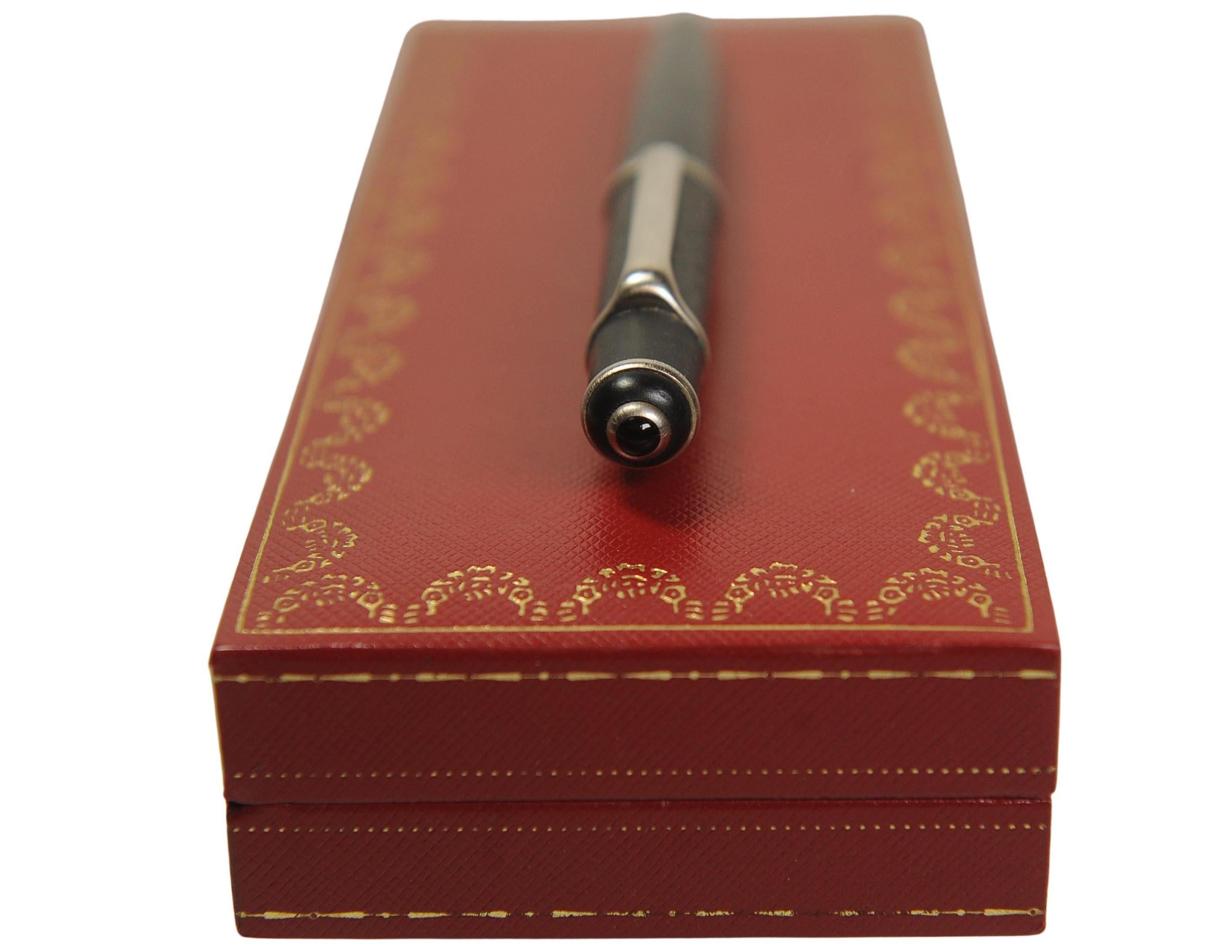 Atemberaubende Cartier Diabolo schwarzem Harz Stift Platinfassungen & Cabochon Finish Boxed im Angebot 1