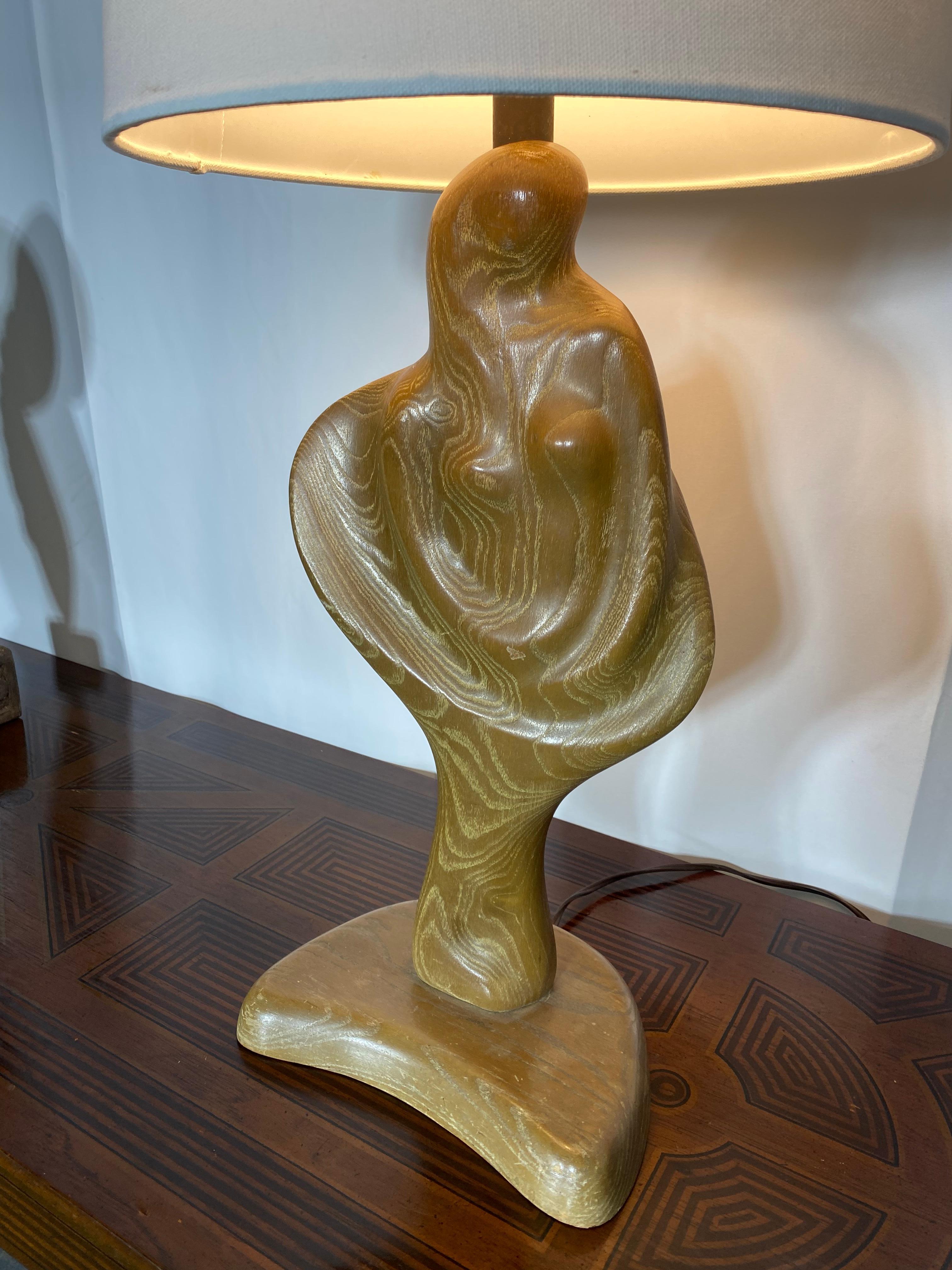 Stunning carved female lamp by Yasha Heifetz, circa 1950s,, Amazing original finish,, patina,, Retains original finial.. Enhance any modernist , deco. contemporary environment, 