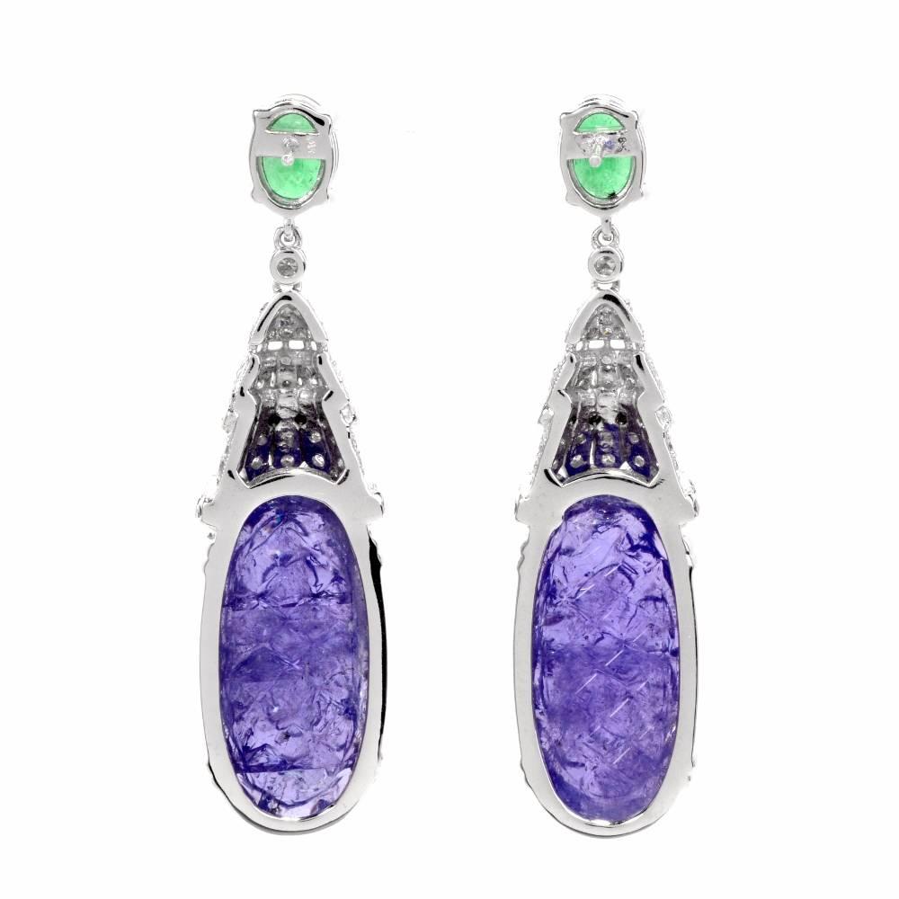 Art Deco Stunning Carved Tanzanite Diamond Emerald Drop Pendant Earrings