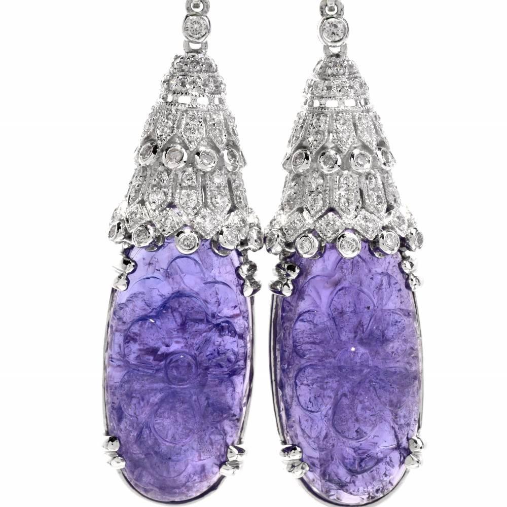 Stunning Carved Tanzanite Diamond Emerald Drop Pendant Earrings In Excellent Condition In Miami, FL