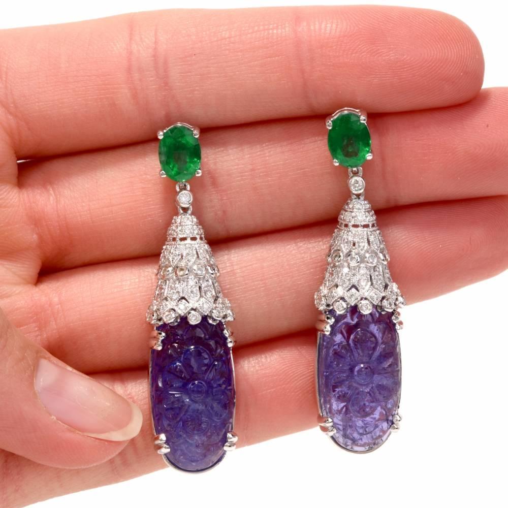 Women's Stunning Carved Tanzanite Diamond Emerald Drop Pendant Earrings