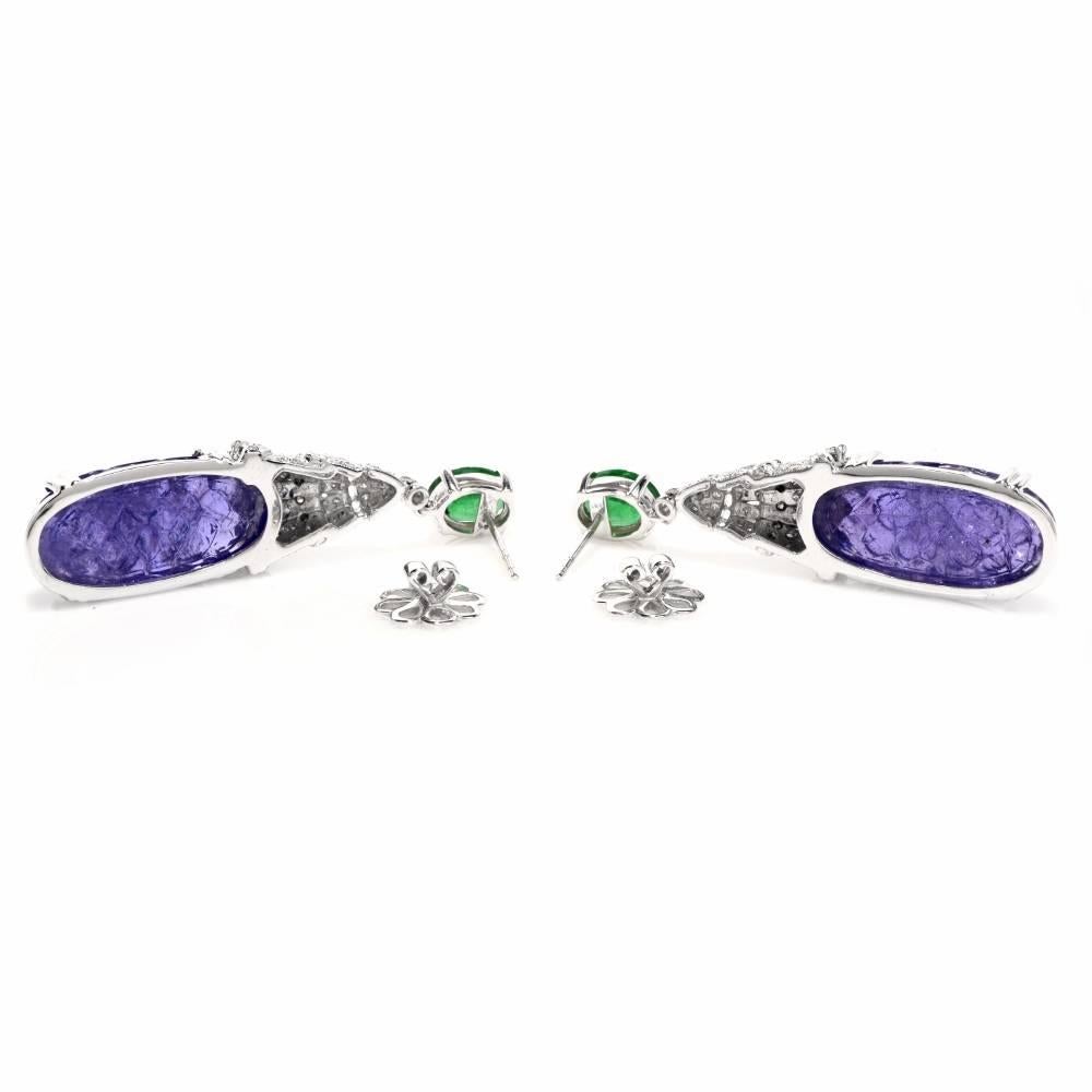 Stunning Carved Tanzanite Diamond Emerald Drop Pendant Earrings 1