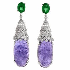 Stunning Carved Tanzanite Diamond Emerald Drop Pendant Earrings