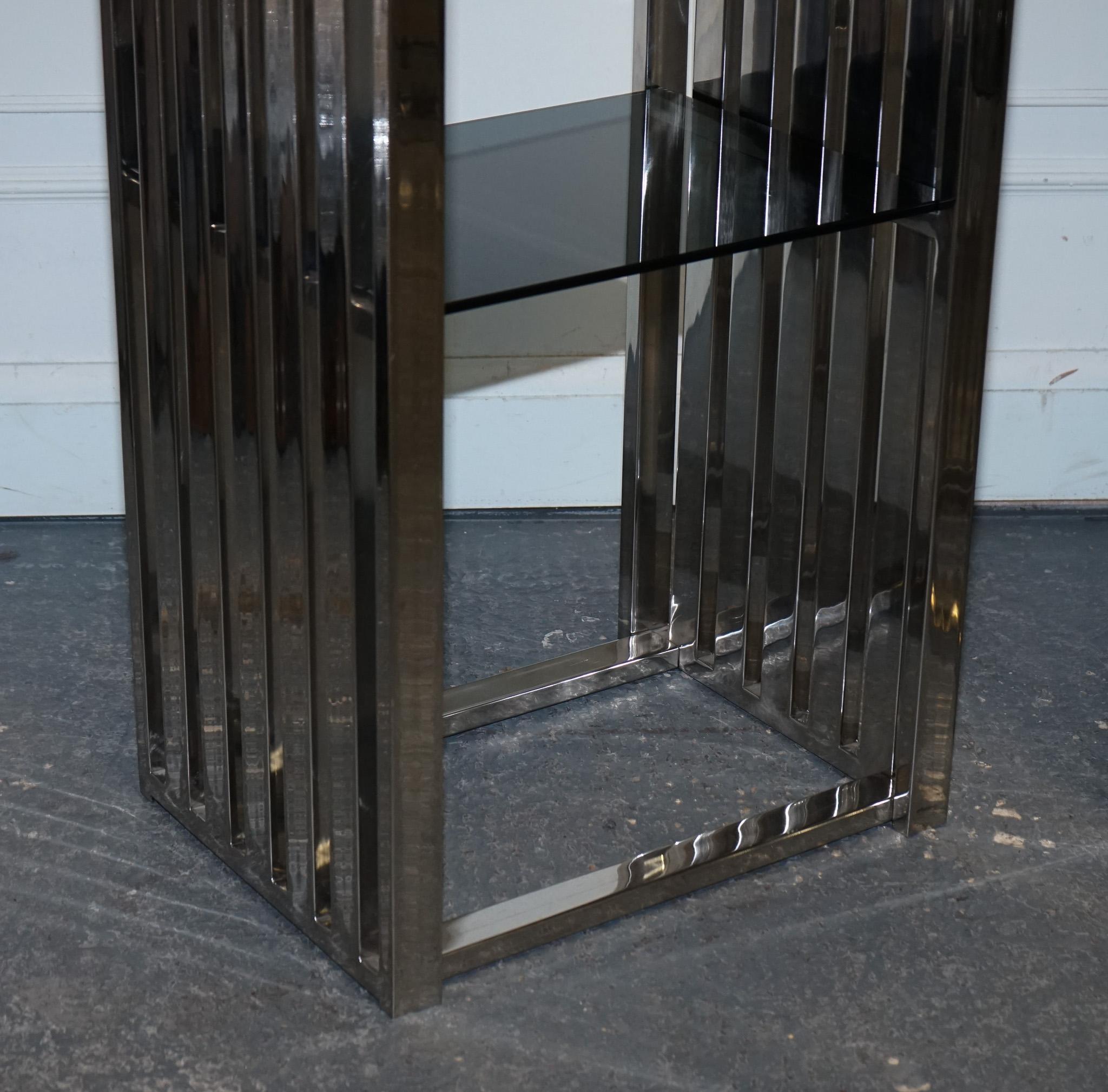 STUNNING CASA PADRINO STAINLESS STEEL PAiR OF BOOKCASES AND SMOKED GLASS SHELFS For Sale 3