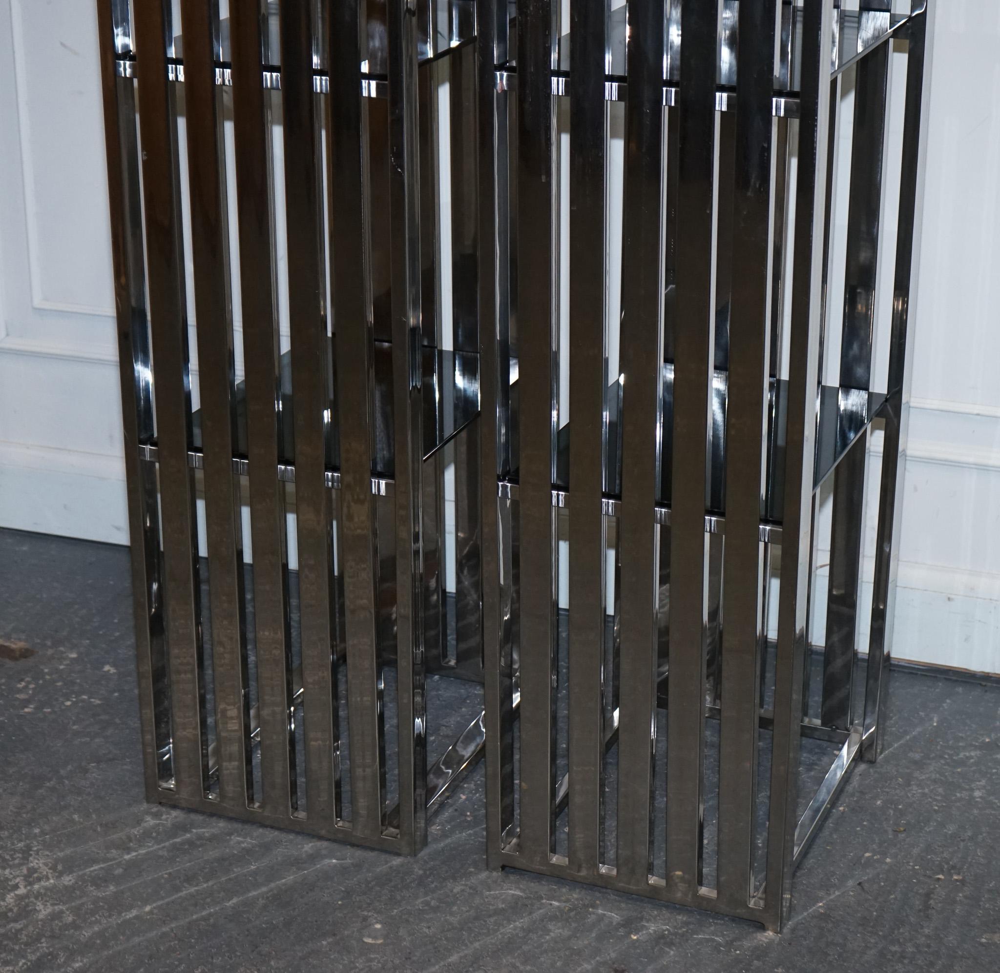 STUNNING CASA PADRINO STAINLESS STEEL PAiR OF BOOKCASES AND SMOKED GLASS SHELFS For Sale 4