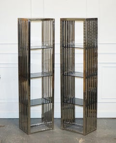 STUNNING CASA PADRINO STAINLESS STEEL PAiR OF BOOKCASES AND SMOKED GLASS SHELFS