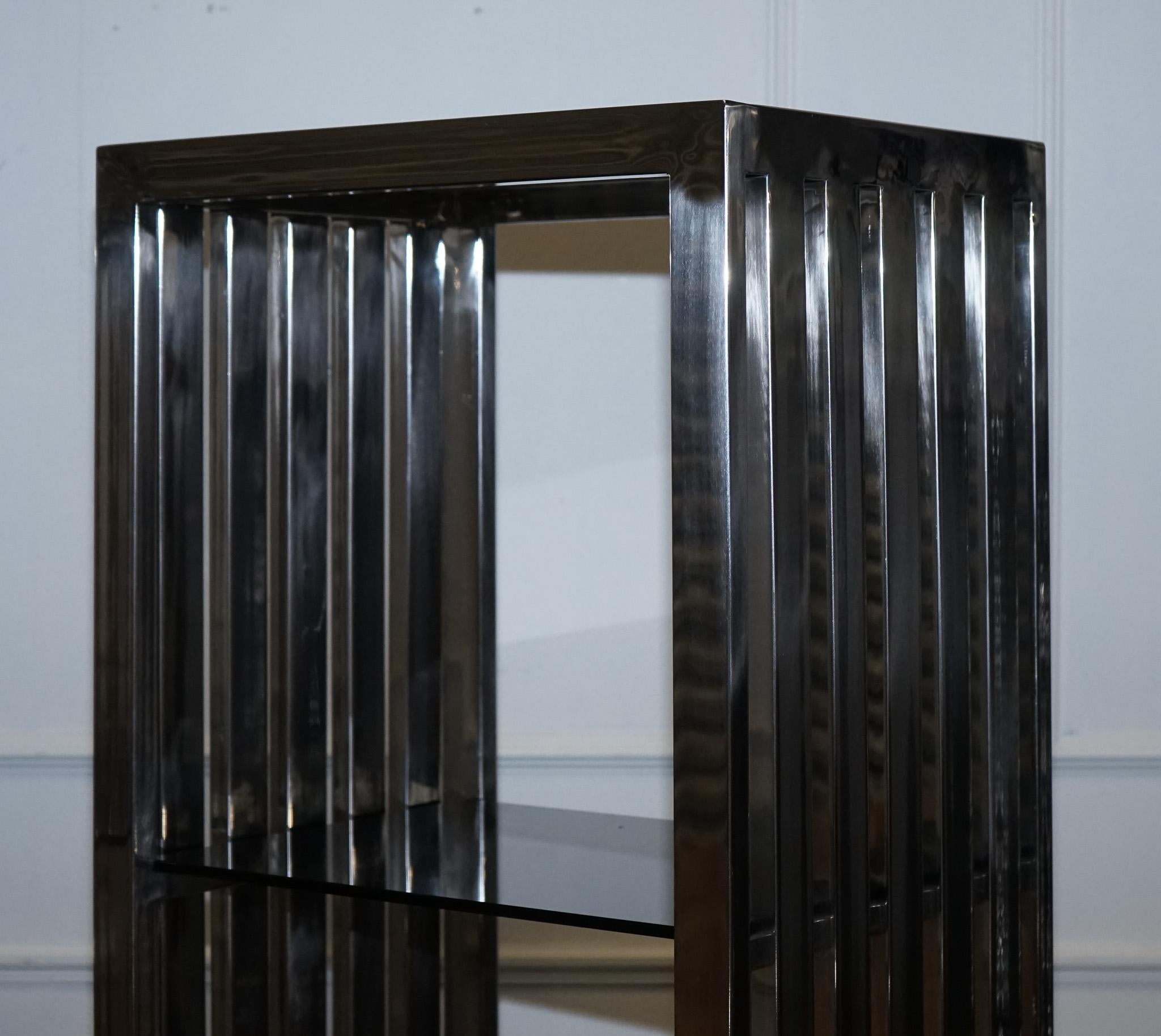 STUNNING CASA PADRINO STAINLESS STEEL PAiR OF BOOKCASES AND SMOKED GLASS SHELFS In Good Condition For Sale In Pulborough, GB
