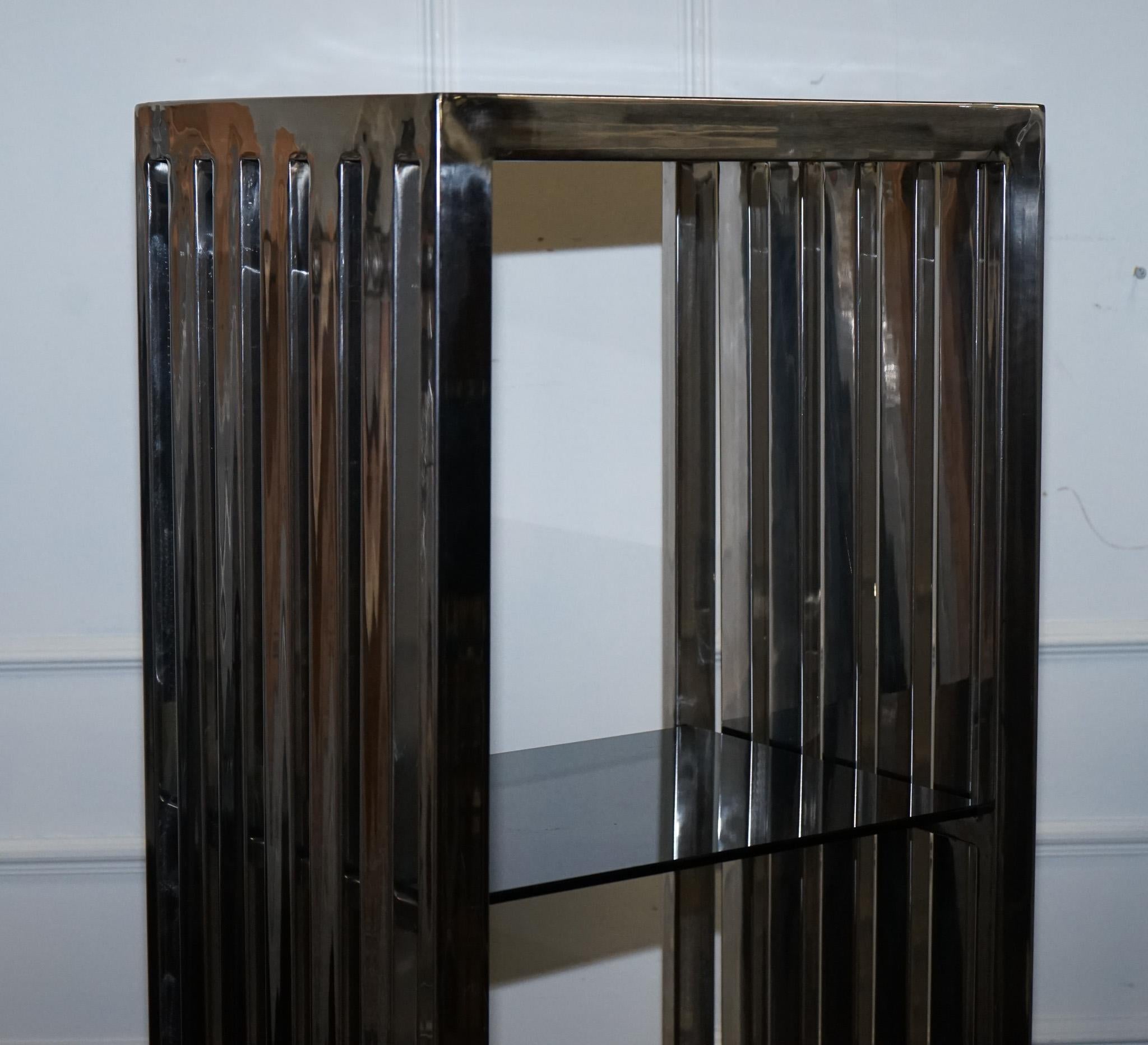 STUNNING CASA PADRINO STAINLESS STEEL PAiR OF BOOKCASES AND SMOKED GLASS SHELFS For Sale 1